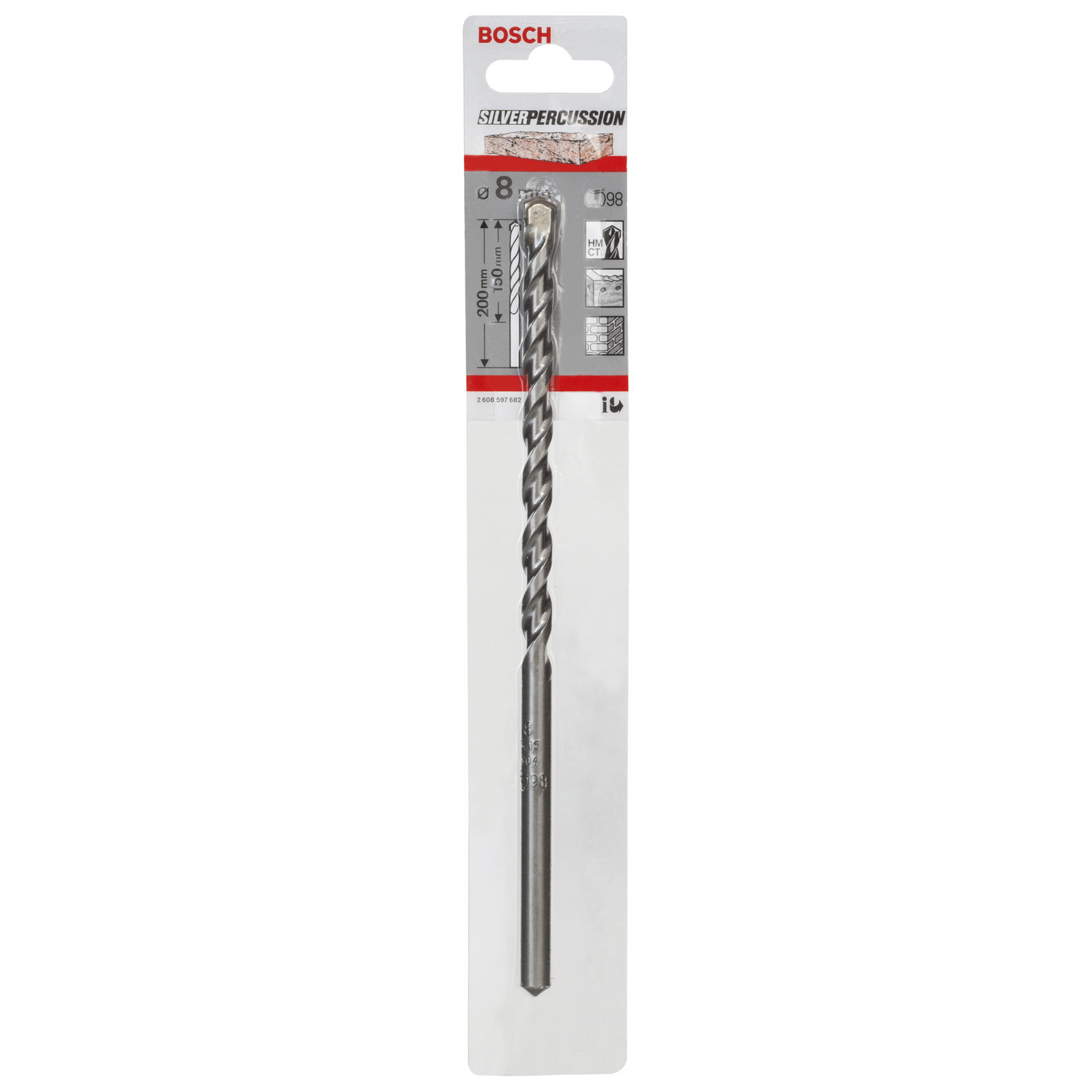 Ein Bosch-Bohrer, silber und grau, auf weißer Karte. Auf der Verpackung steht 'Silver Percussion'.