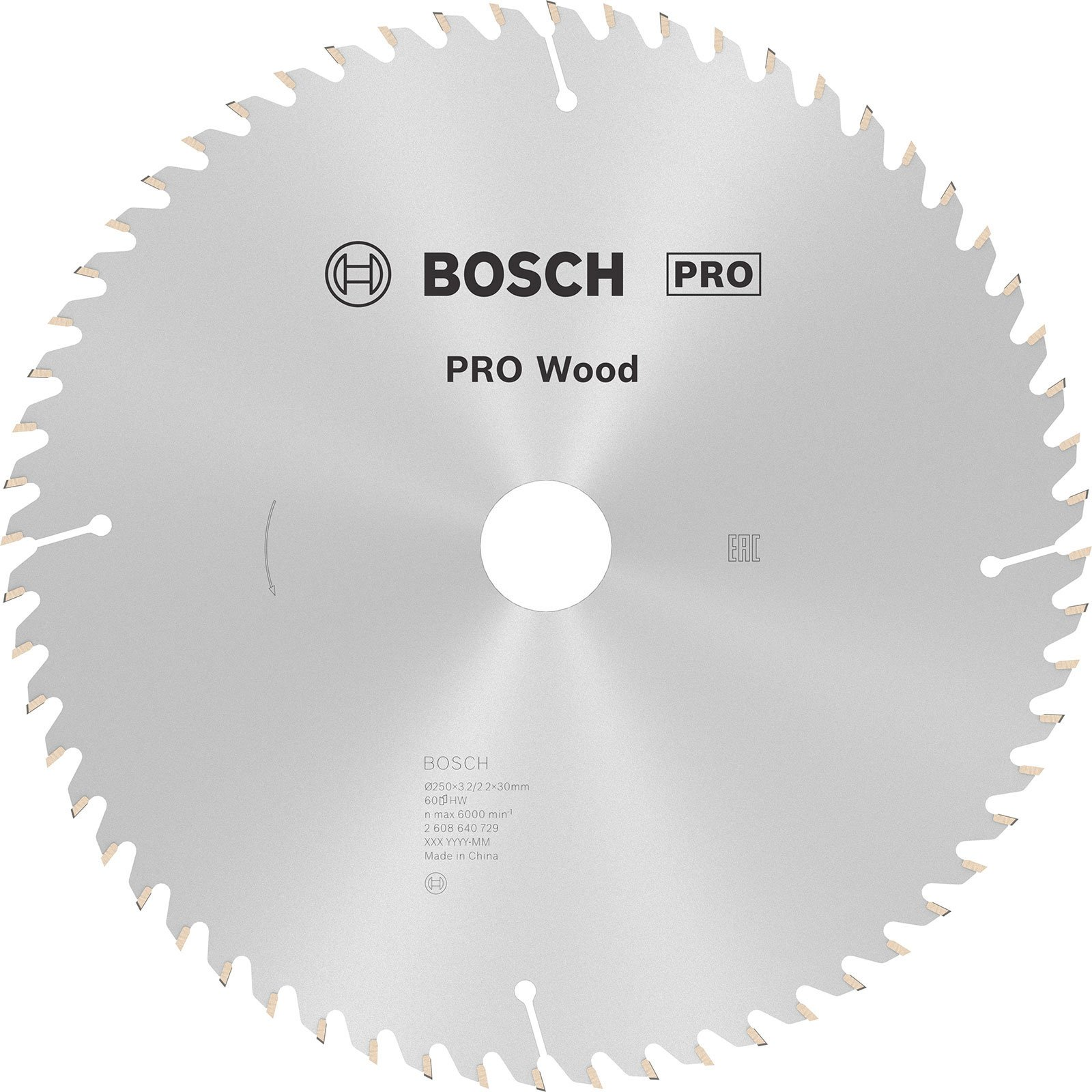 Lama per sega circolare con logo Bosch Pro e testo, per legno. Lama argentata con denti affilati.