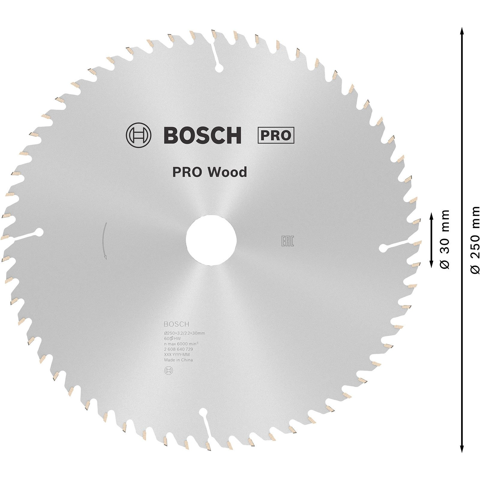 Una lama per sega circolare con il logo Bosch e i dettagli del prodotto. Ha denti affilati e indicatori di dimensioni. La lama è argentata.
