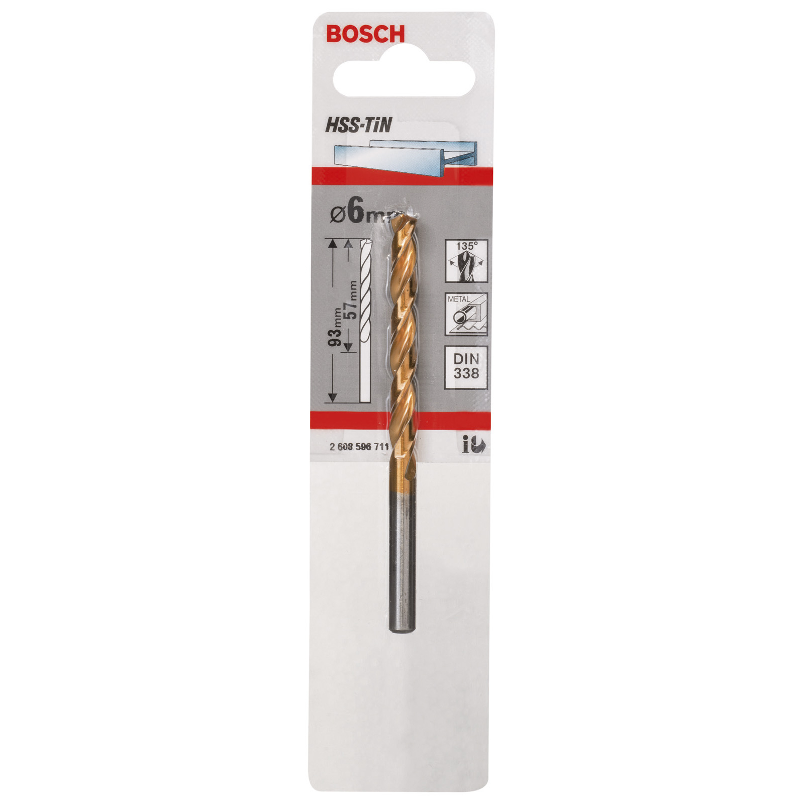 Ein Bosch-Bohrer in der Verpackung. Der Bit ist gold und silber. Text beinhaltet 'HSS-TIN', '6mm' und 'DIN 338'.