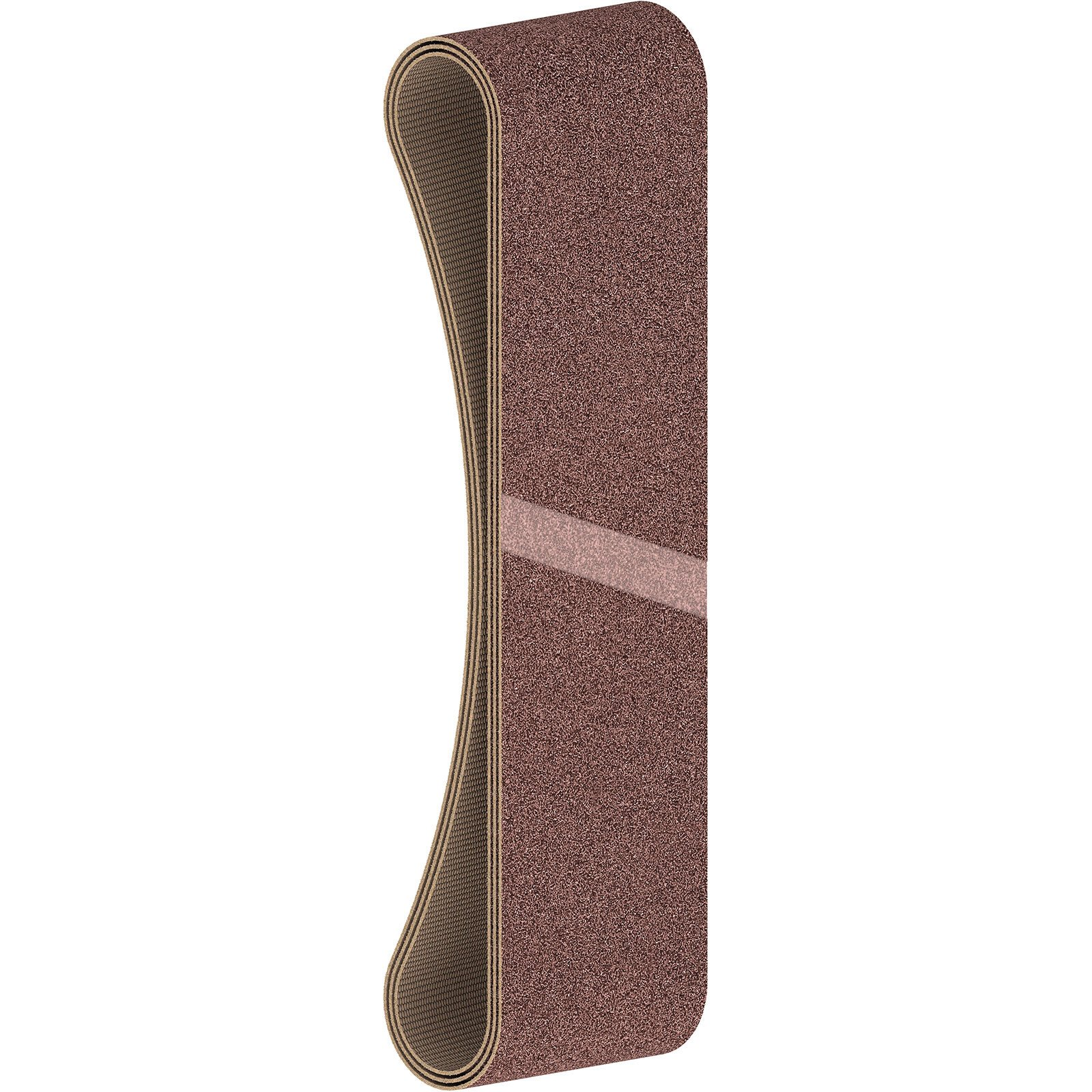 Una cinghia abrasiva marrone, curva, con una striscia più chiara. I bordi sono beige, su sfondo bianco.
