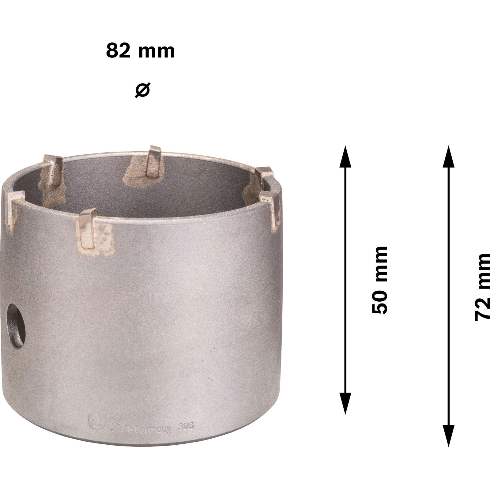 Eine zylindrische Metall-Lochsäge mit Schneidezähnen, Maßangaben und Pfeilen, Abmessungen 82 mm, 50 mm und 72 mm.