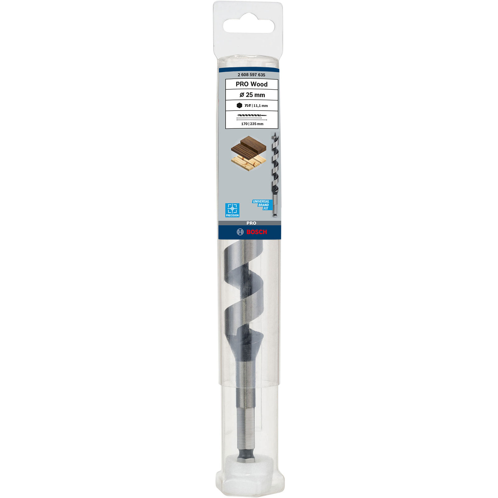 Ein Bosch PRO Wood-Bohrer in einer Plastikverpackung. Der Bohrer ist silber und schwarz, mit Produktinformationen.