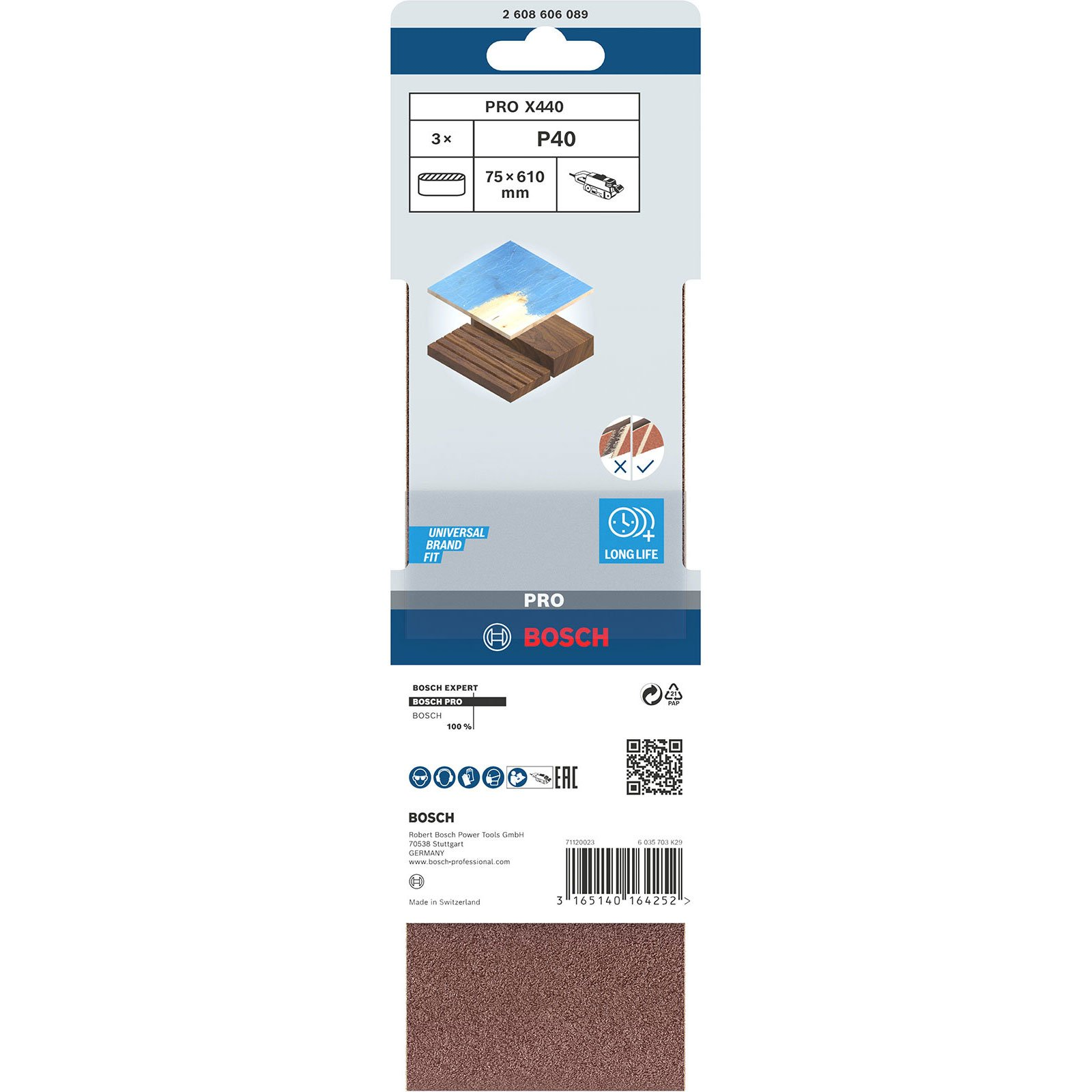 Bosch-Schleifpapierverpackung. Sie zeigt ein Beispiel für Holzschleifen und die Produktdetails mit dem Bosch-Logo.