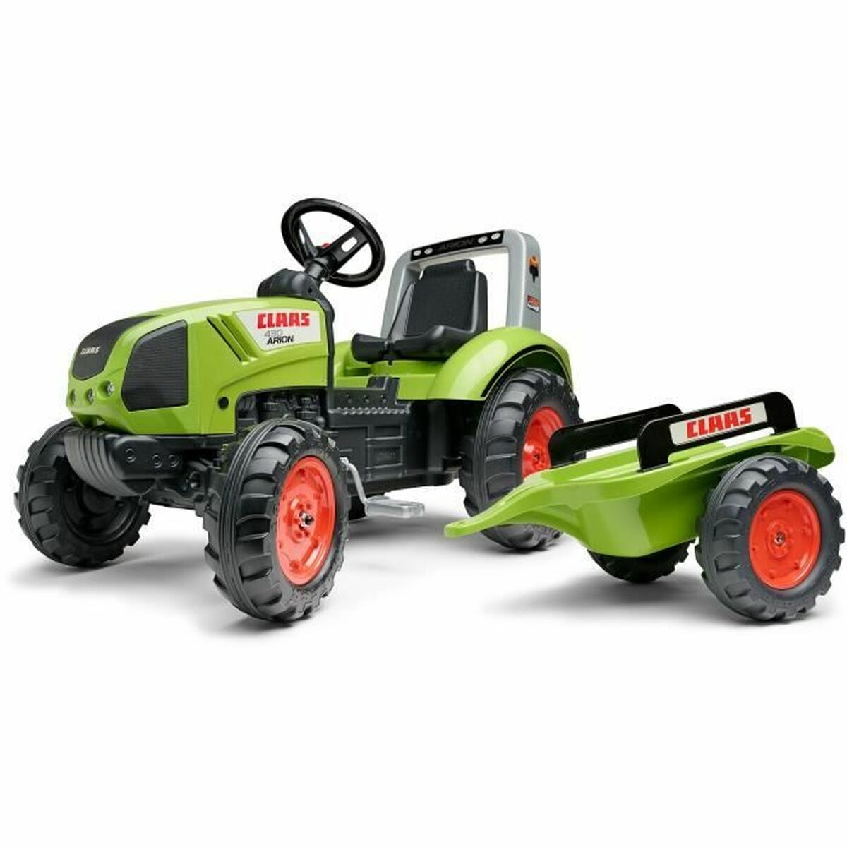 Ein grüner Spielzeugtraktor mit Anhänger. Der Traktor hat schwarze Reifen und ein Lenkrad. Der Anhänger ist ebenfalls grün.