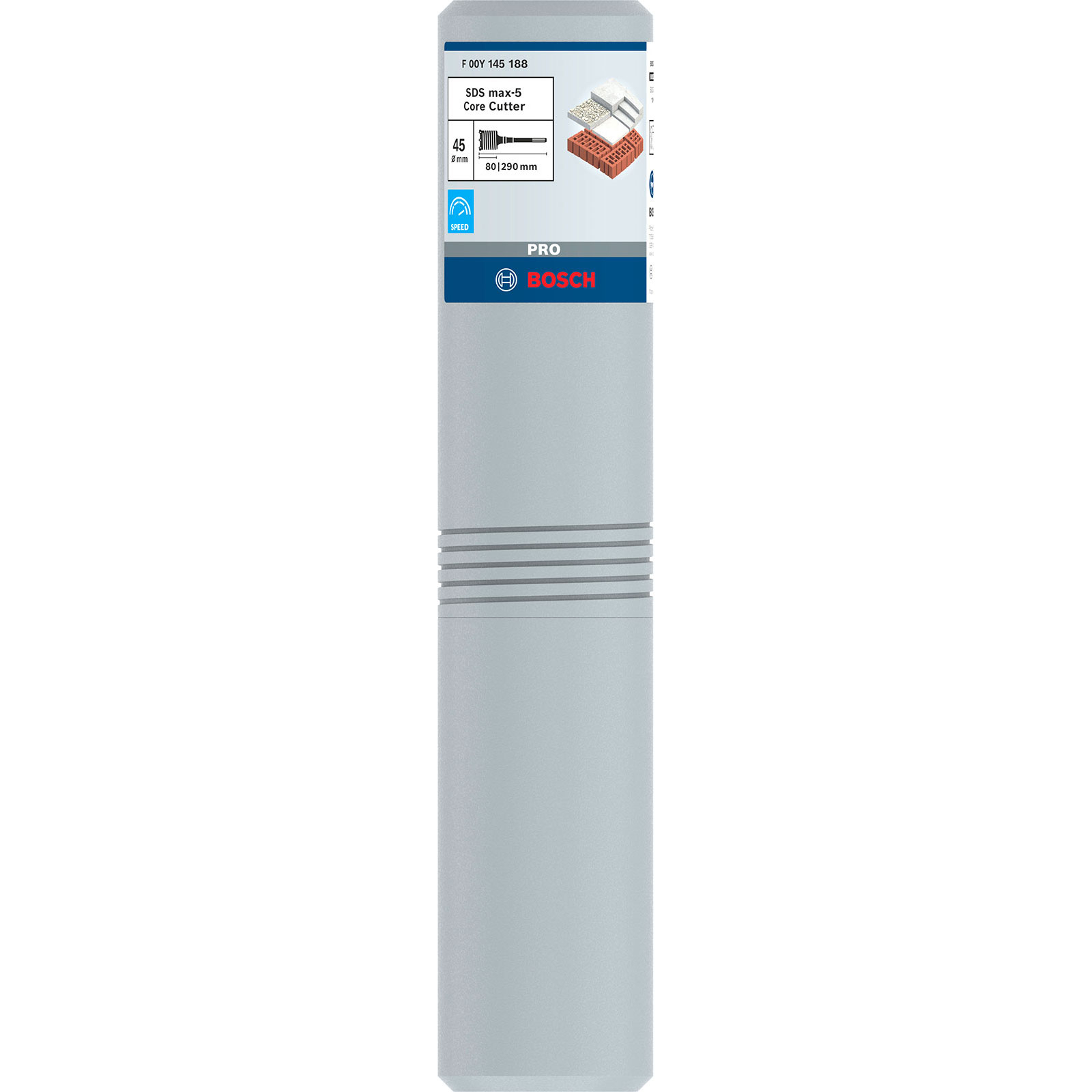 Eine graue Bosch SDS max-5 Kernschneider-Verpackung. Sie hat ein blau-weißes Etikett mit Produktdetails und dem Bosch-Logo.