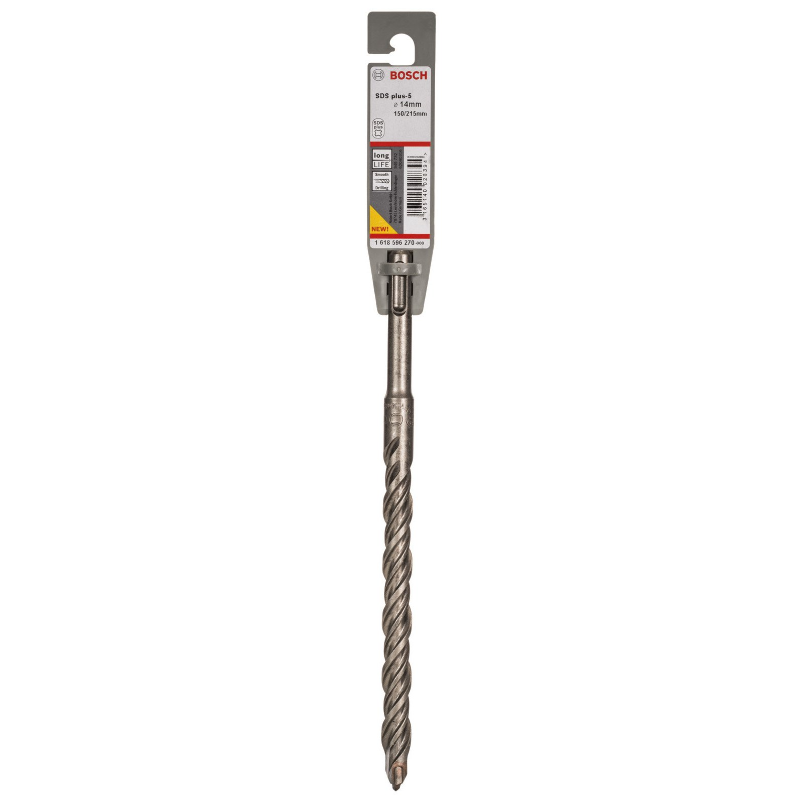 Ein Bosch SDS plus-5 Bohrer mit grauem Schaft, einem schwarz-weißen Etikett und einem grauen Oberteil.