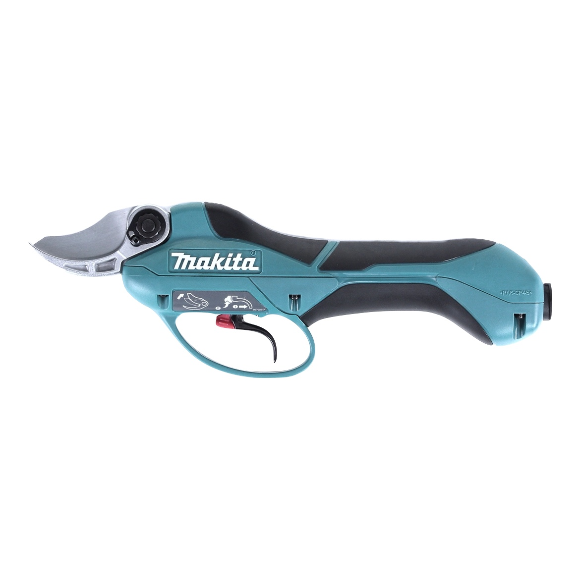 Eine teal- und schwarze elektrische Makita-Baumschnittschere. Sie hat silberne Klingen, einen roten Auslöser und einen schwarzen Griff. Der Hintergrund ist weiß.
