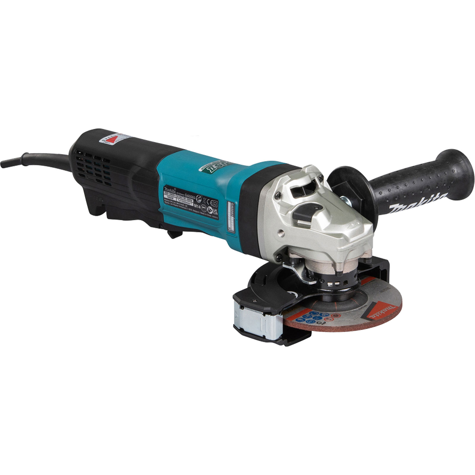 Ein Makita-Winkelschleifer. Er ist schwarz, silber und teal. Die Schleifscheibe ist rot. Er befindet sich auf weißem Hintergrund.