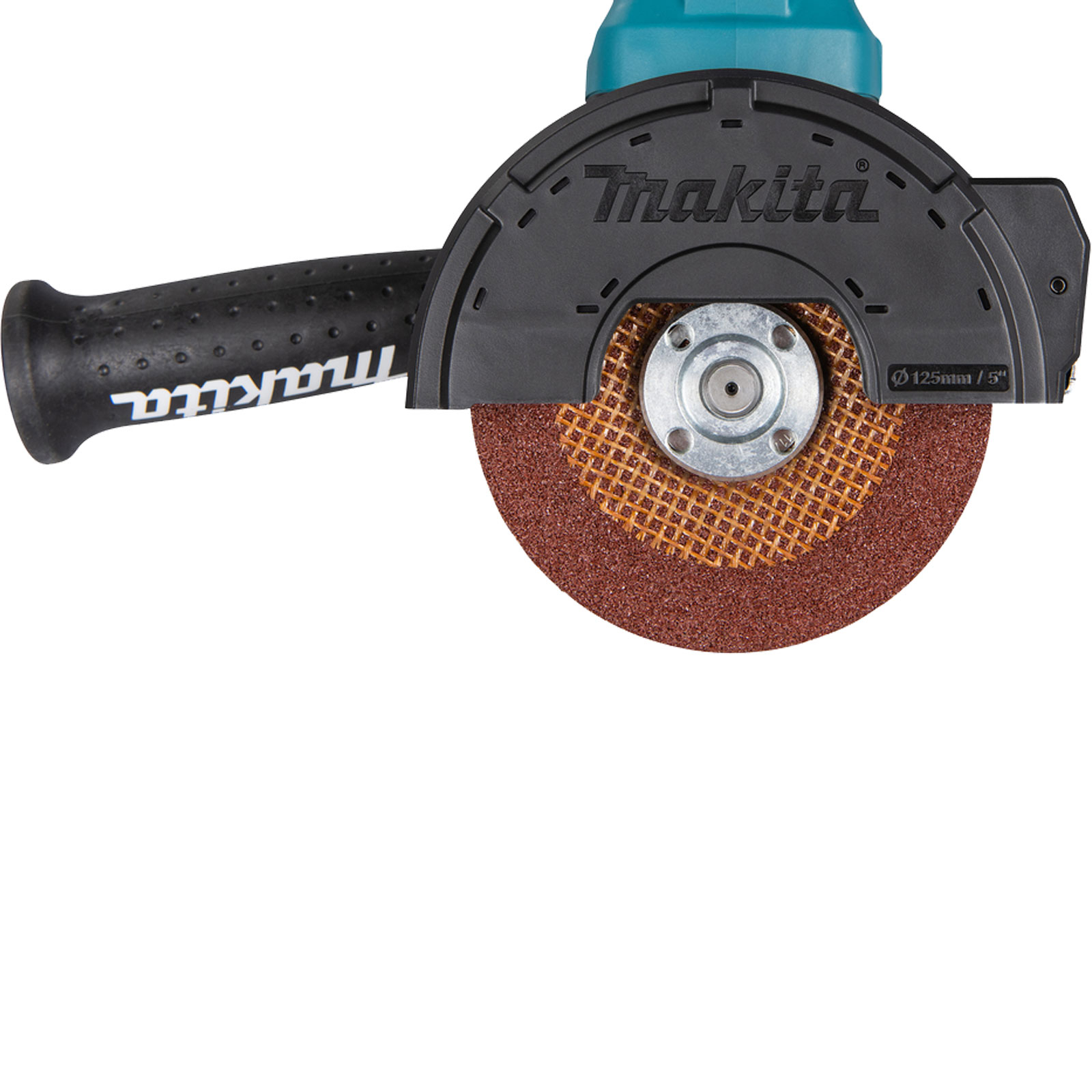 Winkelschleifer mit schwarzem Griff und Schleifscheibe. Der Markenname Makita ist sichtbar.