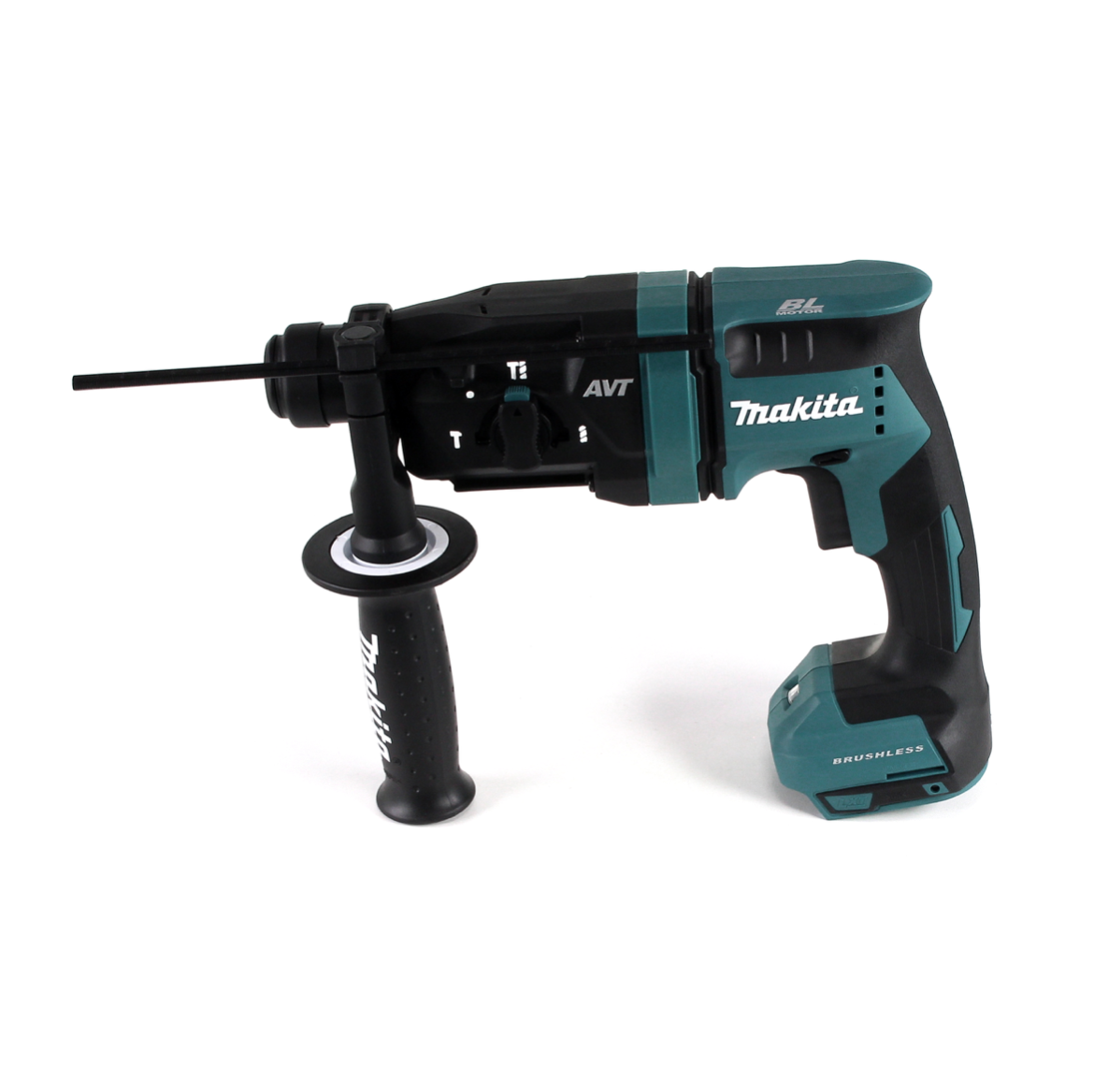 Un trapano a percussione a batteria Makita. È nero e verde acqua, con un'impugnatura e una punta allungata. Il marchio è visibile.