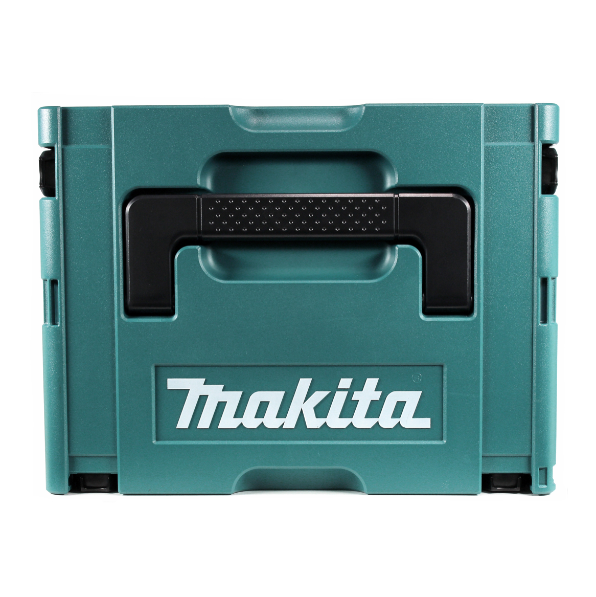 Una cassetta degli attrezzi Makita verde acqua con manico nero e nome del marchio bianco. È chiusa e su sfondo bianco.