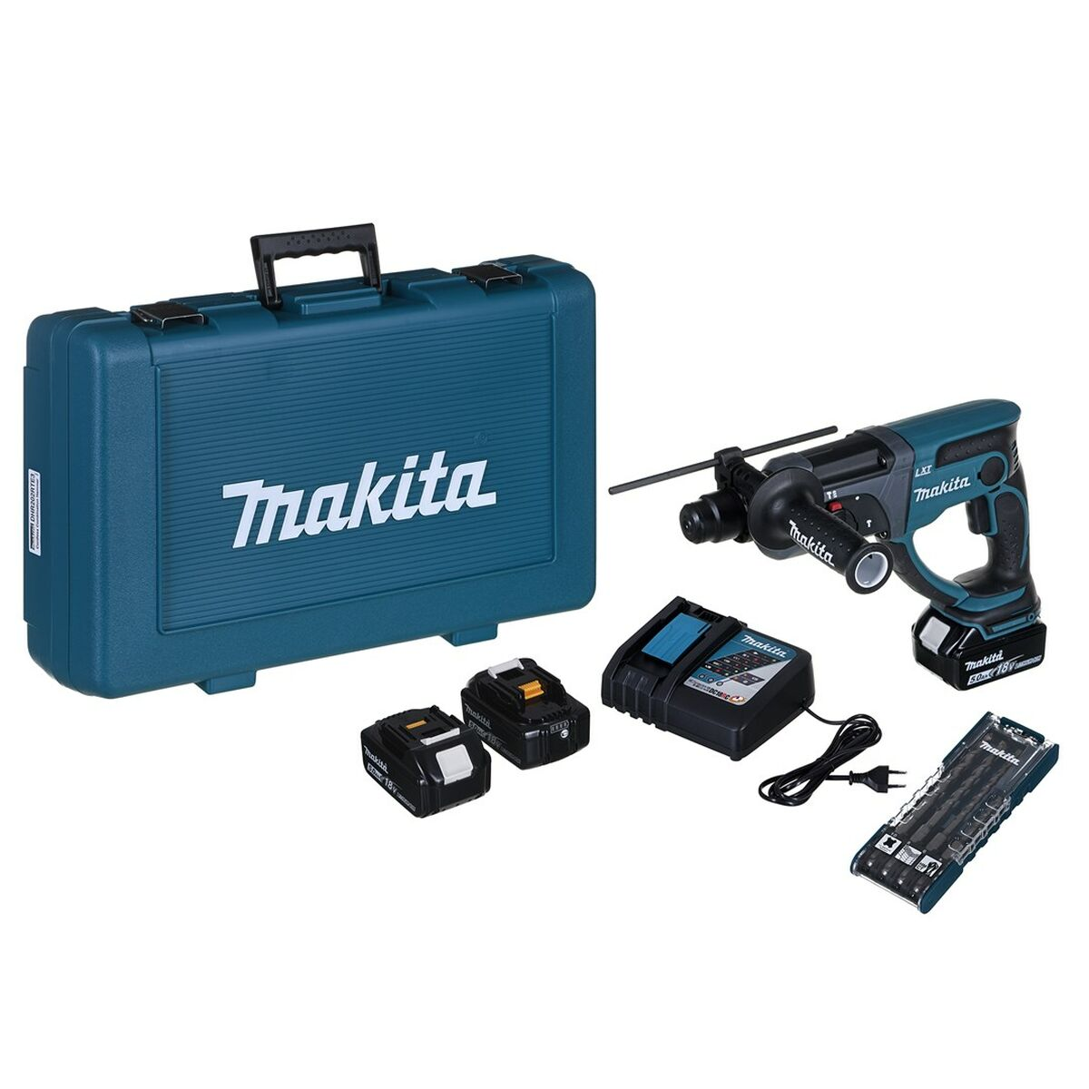 Makita Werkzeugset mit teal Koffer, Bohrmaschine, Ladegerät, Batterien und Bits. Die Artikel sind auf weißem Hintergrund angeordnet.
