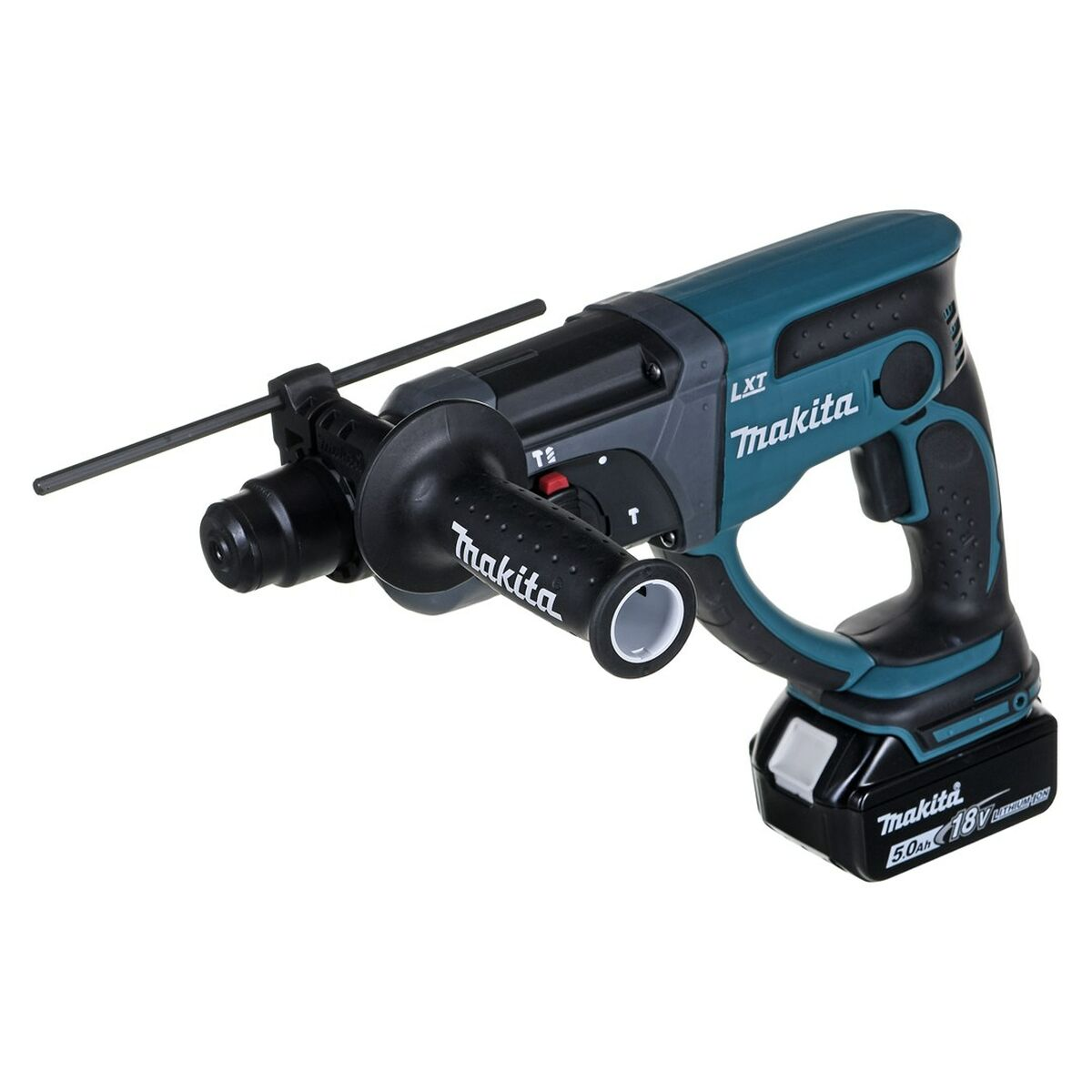 Ein teal- und schwarzer Makita LXT-Hammerbohrer. Er hat einen schwarzen Griff, einen Akku und einen Bohrer. Der Hintergrund ist weiß.