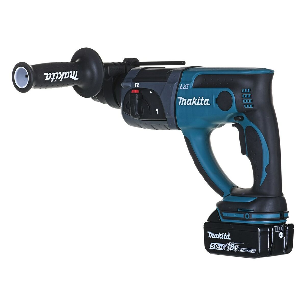 Ein teal-farbener und schwarzer Makita LXT Bohrhammer. Er hat einen Akku und einen Griff. Der Hintergrund ist weiß.