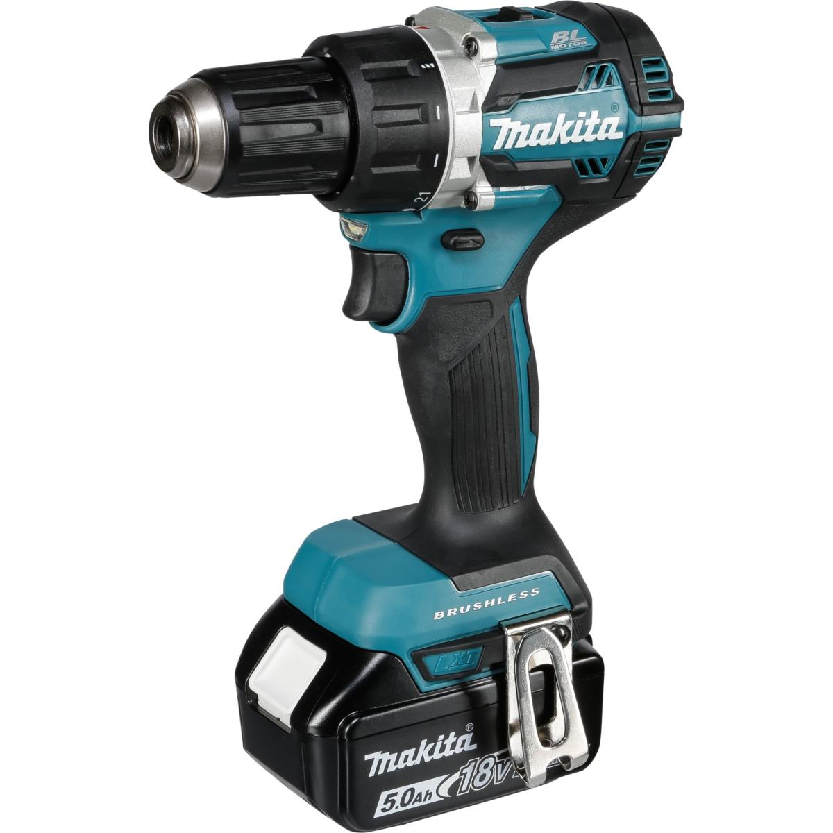Ein Makita Akku-Bohrschrauber, türkis und schwarz, mit schwarzem Griff und Akkupack. Das Makita-Logo ist sichtbar.