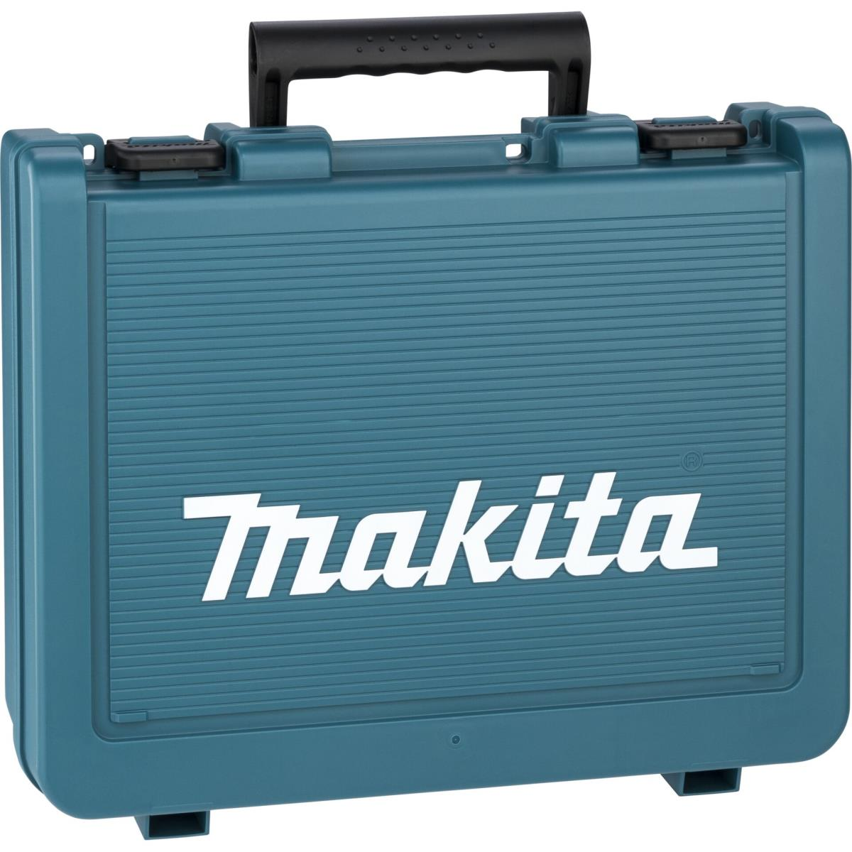 Ein türkisfarbener Makita Werkzeugkoffer mit schwarzem Griff und Verschlüssen. Das Makita-Logo ist prominent in Weiß auf der Vorderseite.