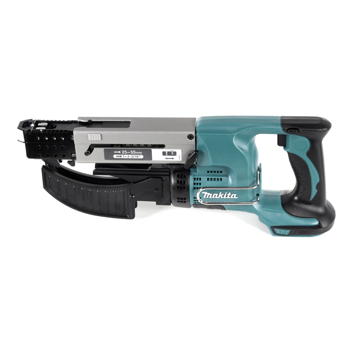 Pistola de tornillos Makita. Mango verde azulado y negro, cuerpo gris, alimentador de tornillos negro. Fondo blanco.