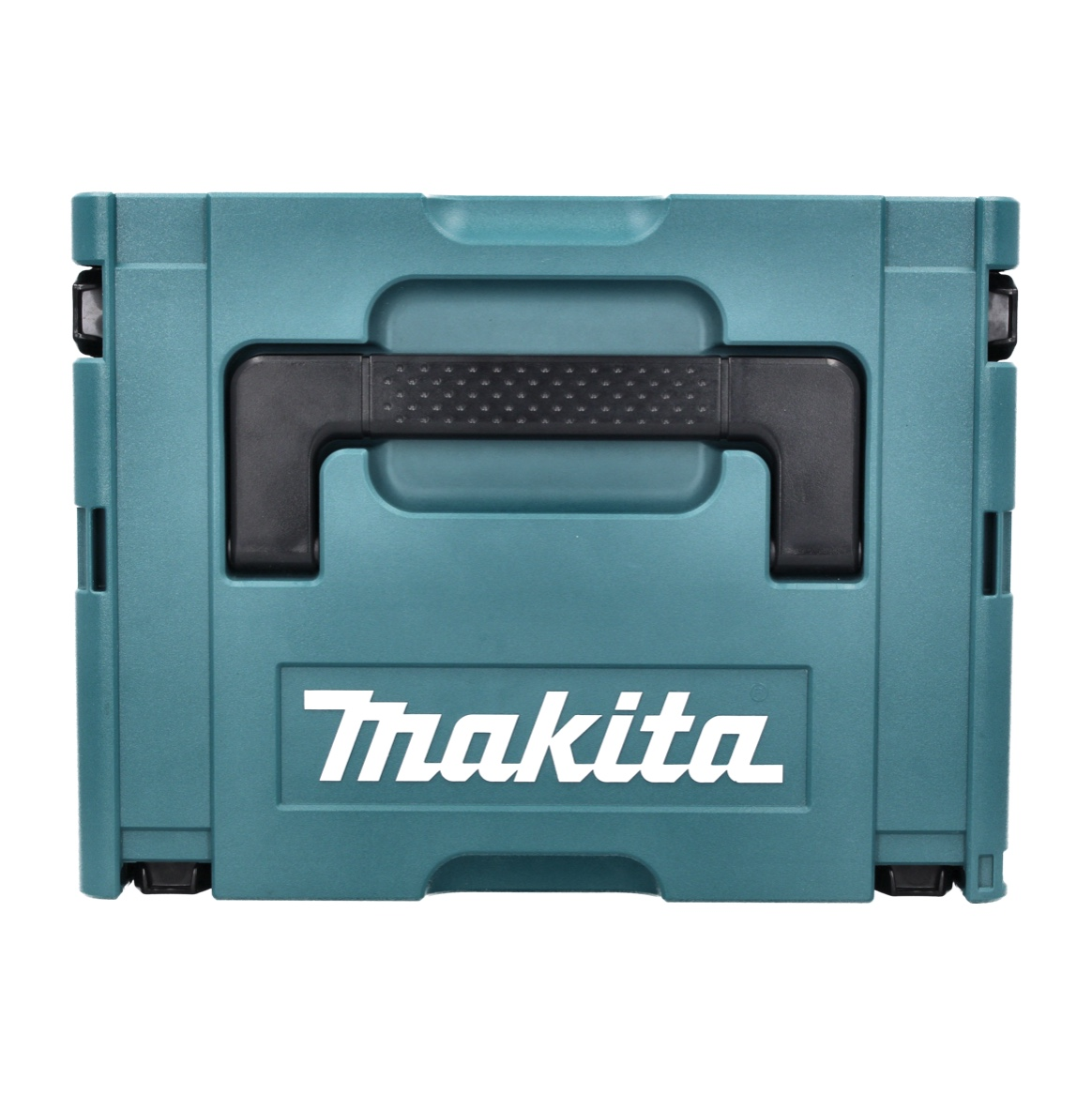 Una caja de herramientas Makita de color turquesa con asa negra y el logotipo blanco de Makita.