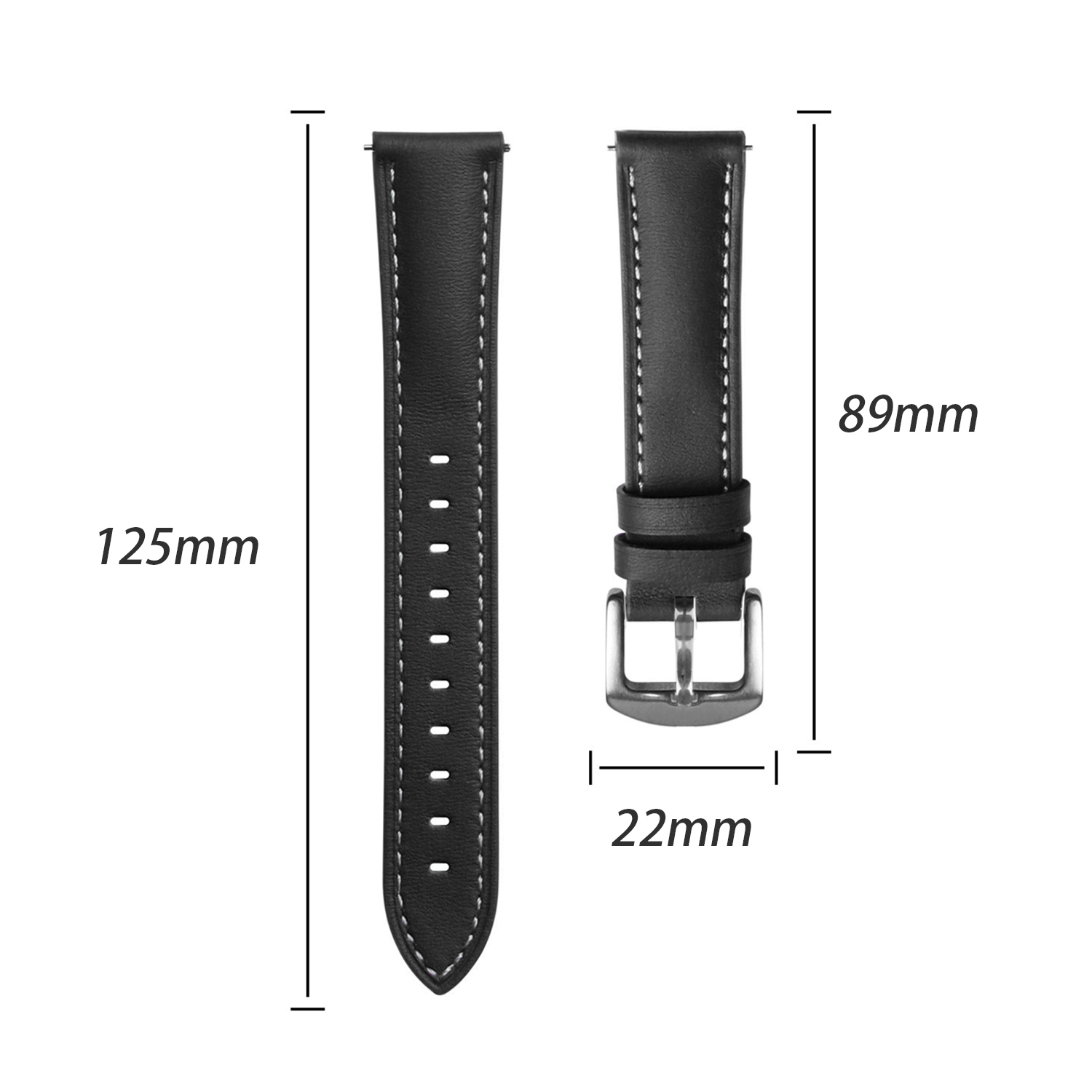 Czarny skórzany pasek do zegarka z białym przeszyciem, metalowa klamra. Wymiary: 125 mm, 89 mm i 22 mm. Odizolowany na białym tle.