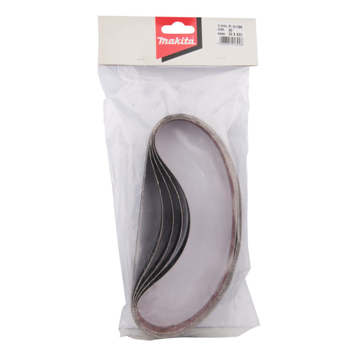 Ein Makita Schleifband in einer transparenten Plastiktüte. Das Band ist dunkelgrau und beige. Die Verpackung hat einen weißen Deckel mit dem Makita-Logo.