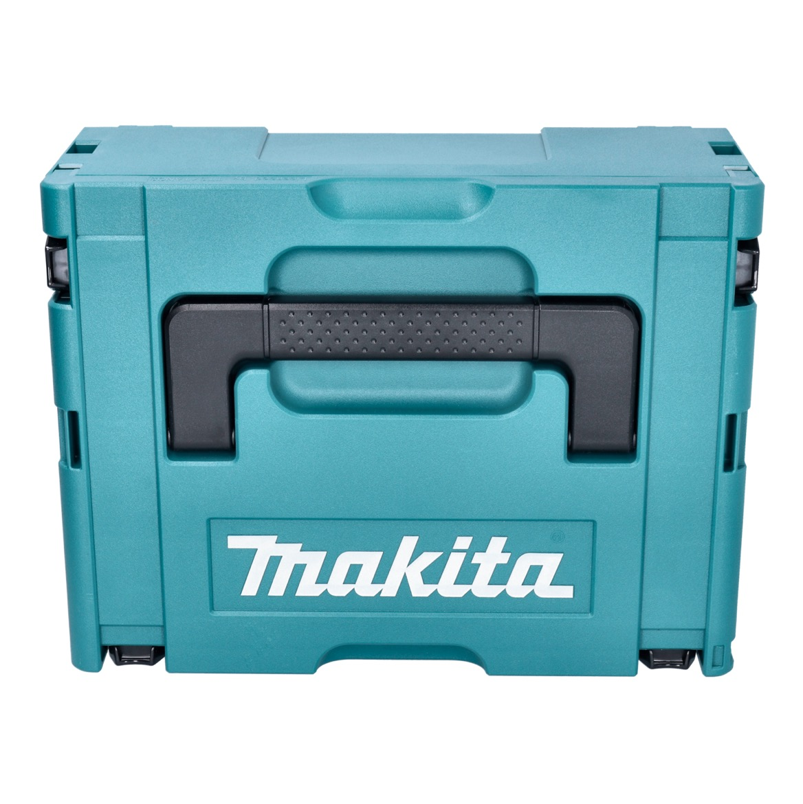 Eine türkisfarbene Makita-Werkzeugbox mit schwarzem Griff. Das Makita-Logo ist auf der Vorderseite zu sehen.