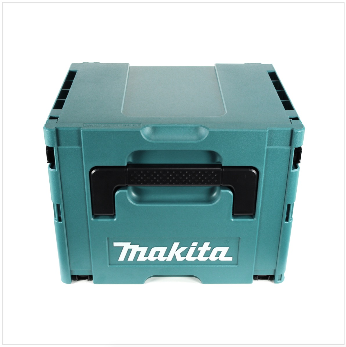 Eine tealfarbene Makita-Klappwerkzeugkiste auf weißem Hintergrund. Sie hat einen schwarzen Griff und das Makita-Logo.
