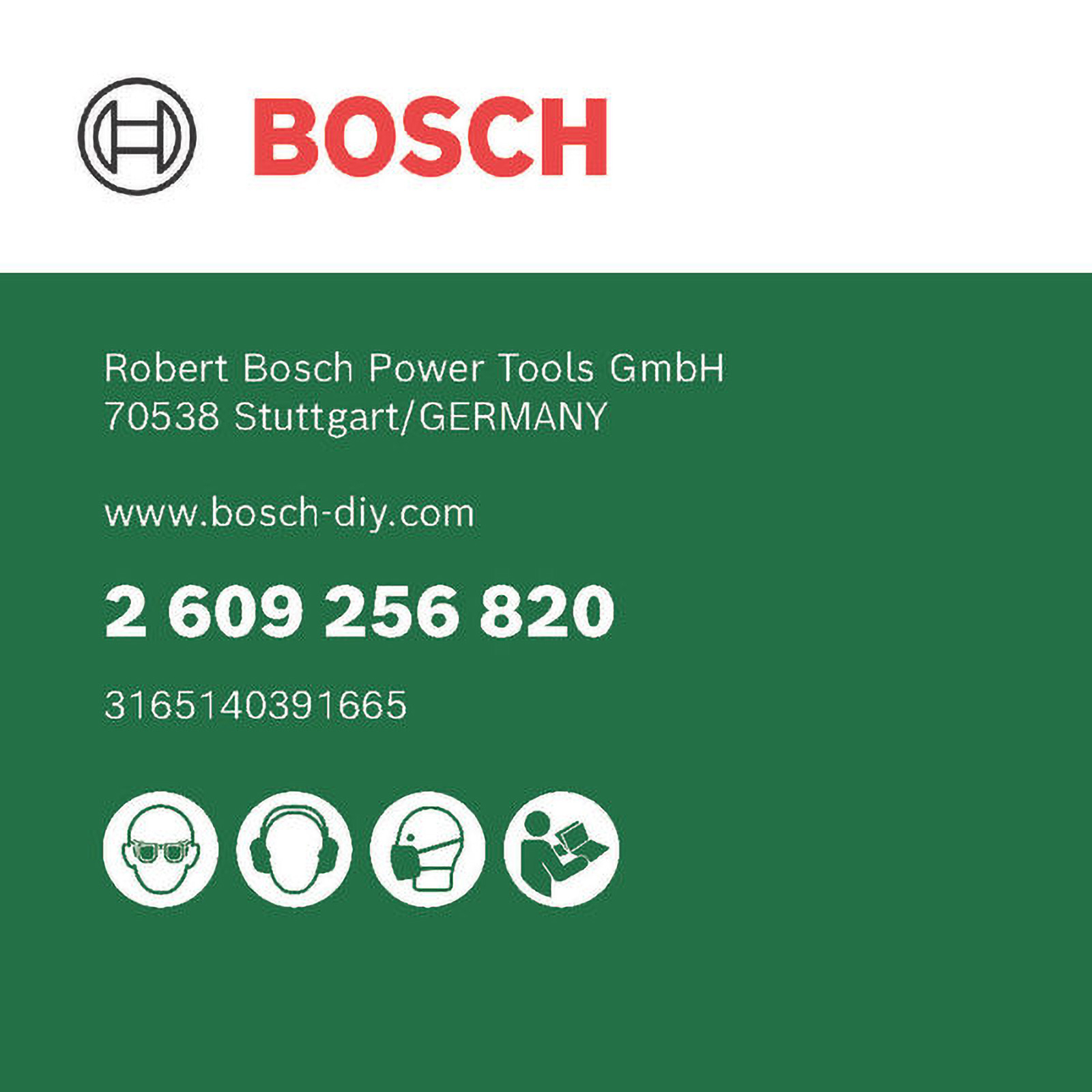 Bosch-Logo auf grünem Grund mit Adresse, Website, Telefonnummer und Sicherheitssymbolen.