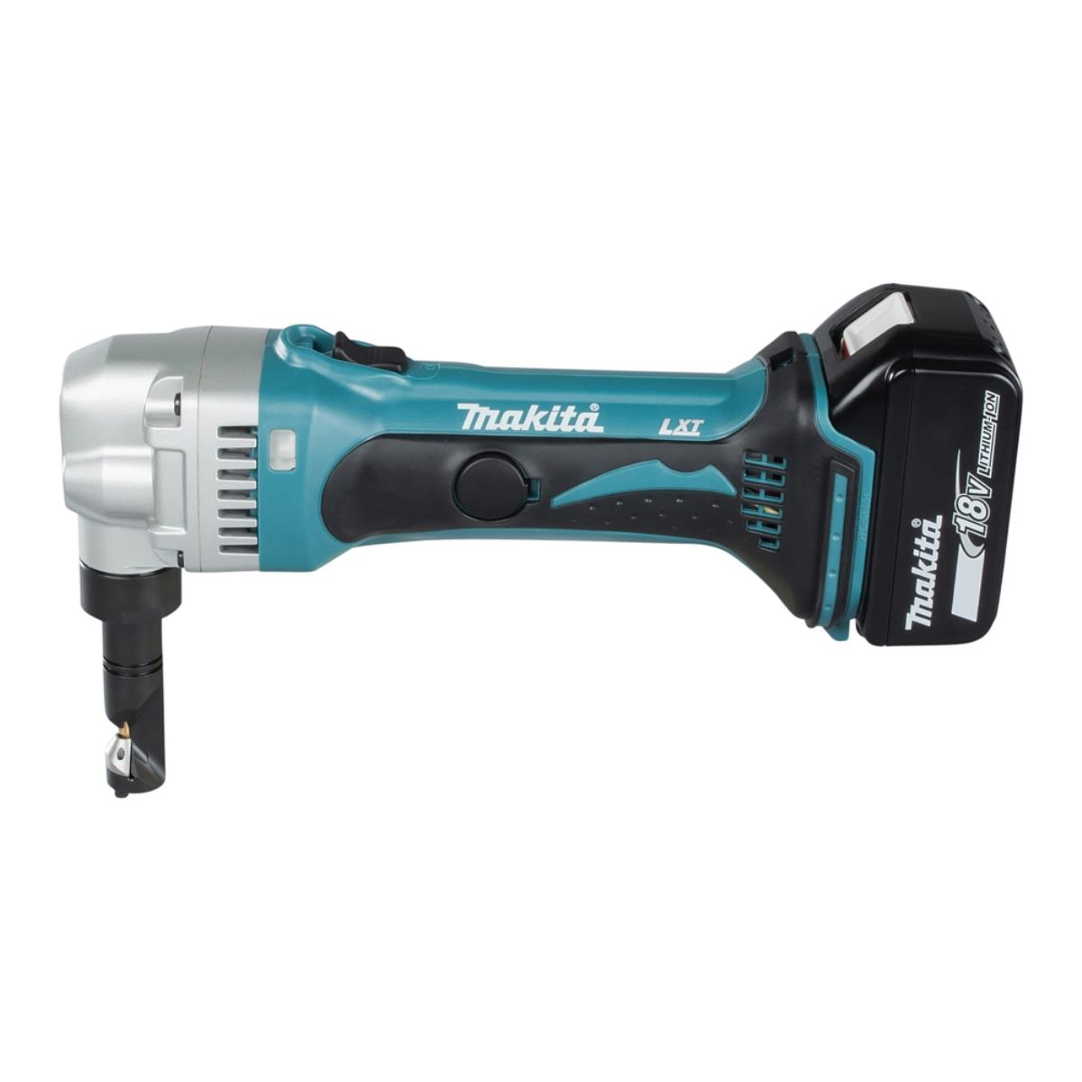 Eine kabellose Makita LXT 18V Schere. Sie ist teal, schwarz und silber. Der Akku ist schwarz mit weißer Schrift.