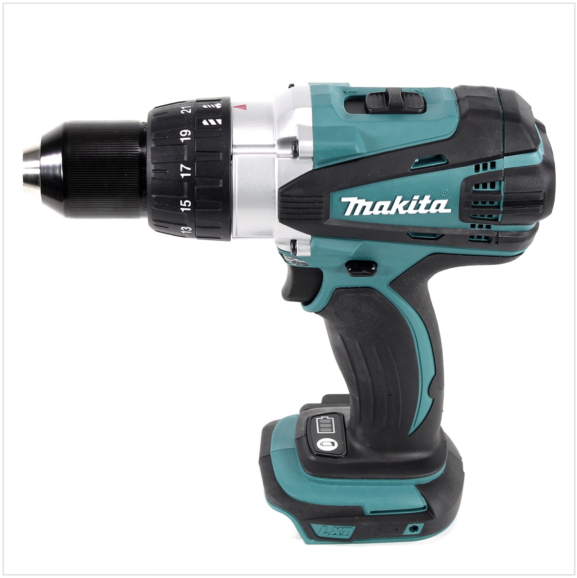 Ein Akku-Bohrschrauber von Makita. Er ist schwarz, türkis und silber, mit einem schwarzen Griff und einem Akku unten.
