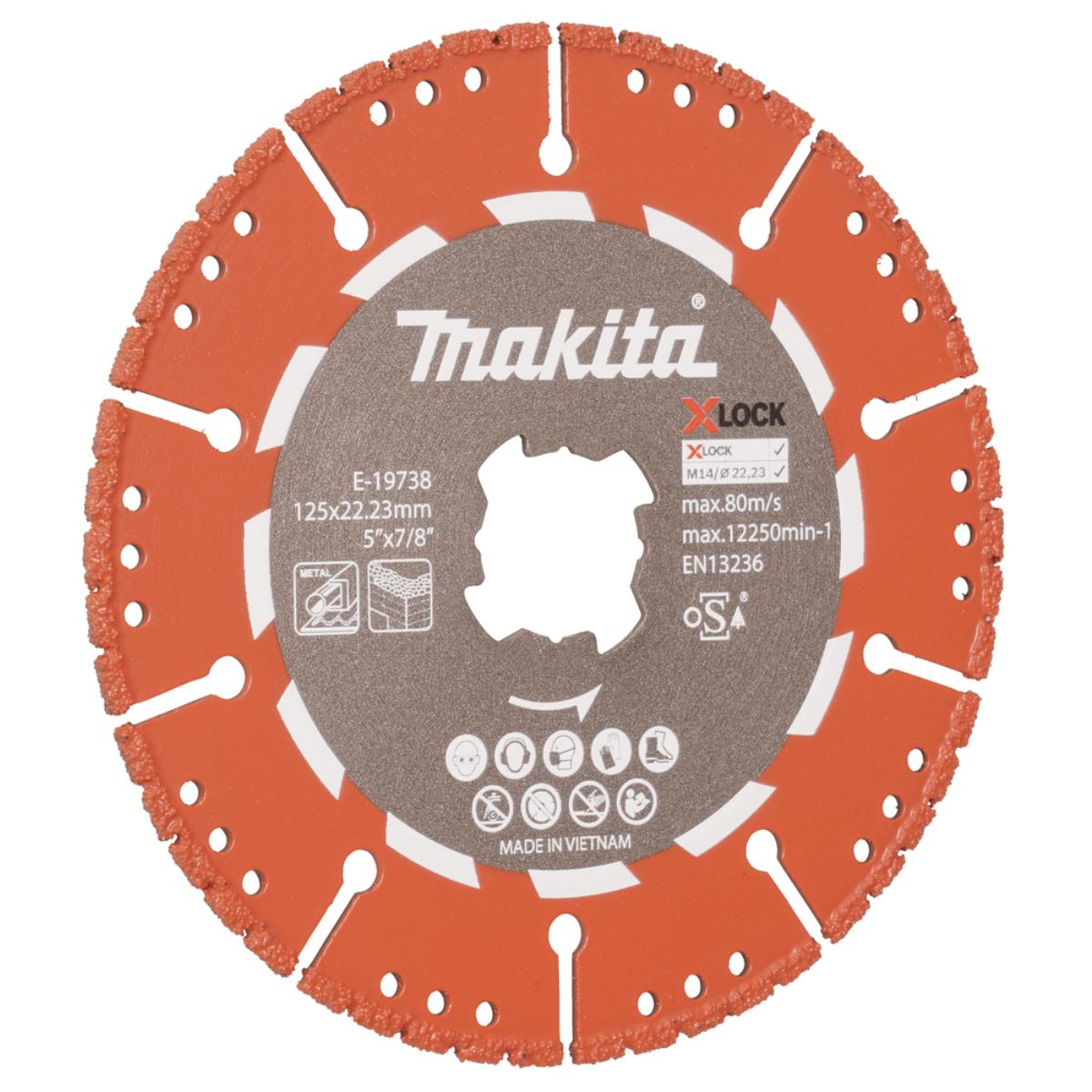 Ein Makita-Kreissägeblatt. Es ist orange und grau, mit Text, der Größe und Verwendung für Metall angibt. Hergestellt in Vietnam.