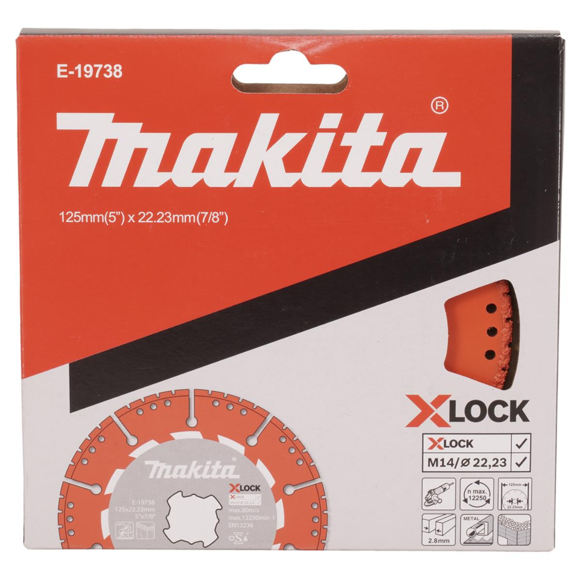 Makita-Box mit einem Sägeblatt. Die Box ist rot und schwarz. Das Sägeblatt ist orange und silber, mit Text und Symbolen.