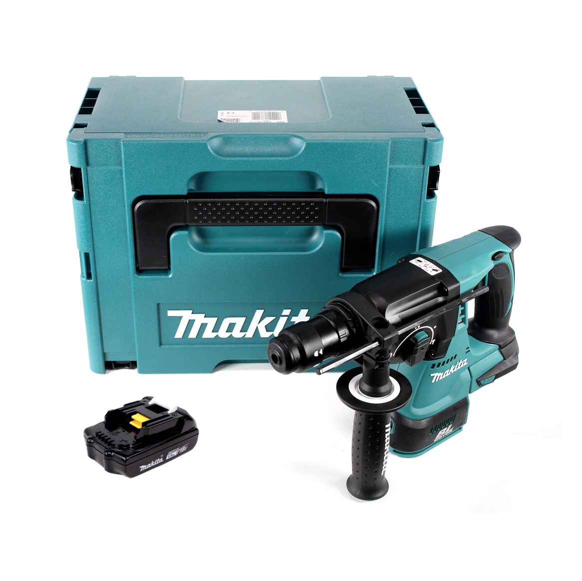 Eine türkisfarbene Makita-Bohrmaschine, ein Koffer und ein Akku auf Weiß. Die Bohrmaschine hat einen schwarzen Griff. Der Koffer hat einen Griff und ein Logo. Der Akku ist schwarz mit gelben Akzenten.