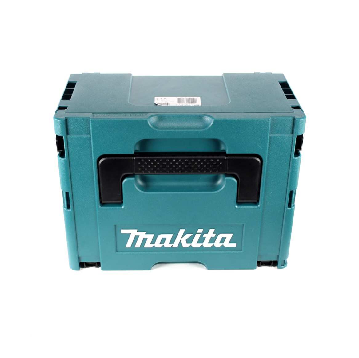 Eine türkisblaue Makita-Werkzeugkiste mit schwarzem Griff auf weißem Hintergrund. Das Makita-Logo ist auf der Vorderseite. Die Box ist geschlossen.