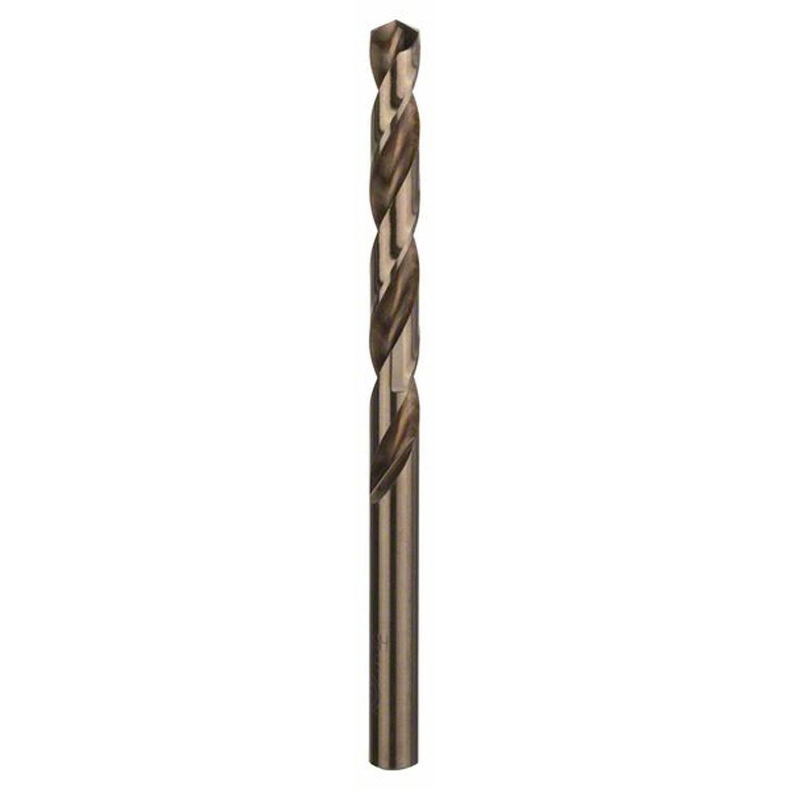 Una punta da trapano, marrone e argento, su sfondo bianco. La punta ha un design a spirale e una punta affilata.