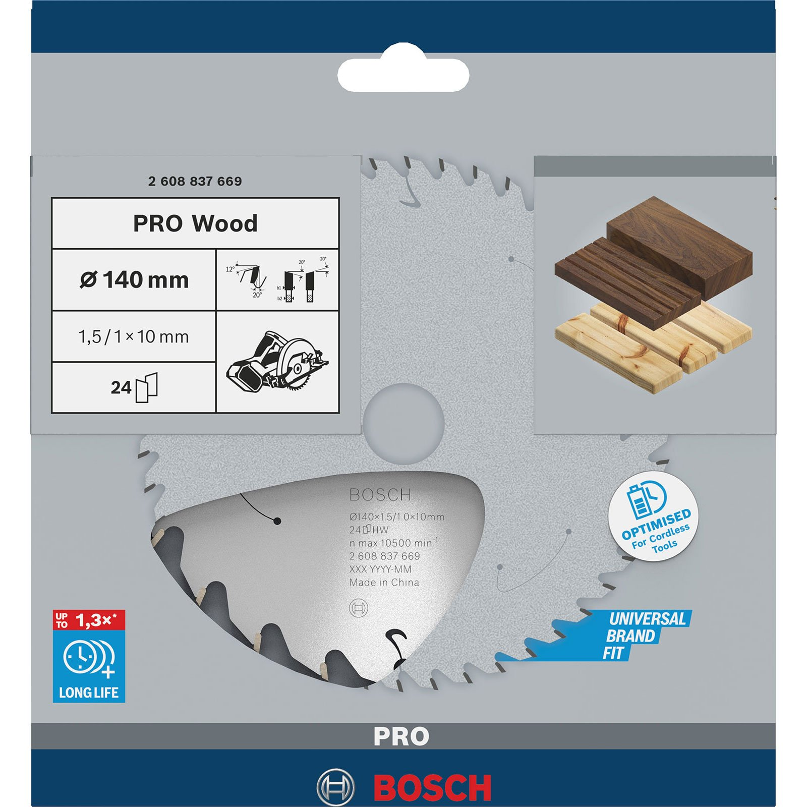 Bosch PRO Wood Sägeblatt. Merkmale: Kreissägeblatt mit Spezifikationen, Holzproben und Produktbeschreibung.