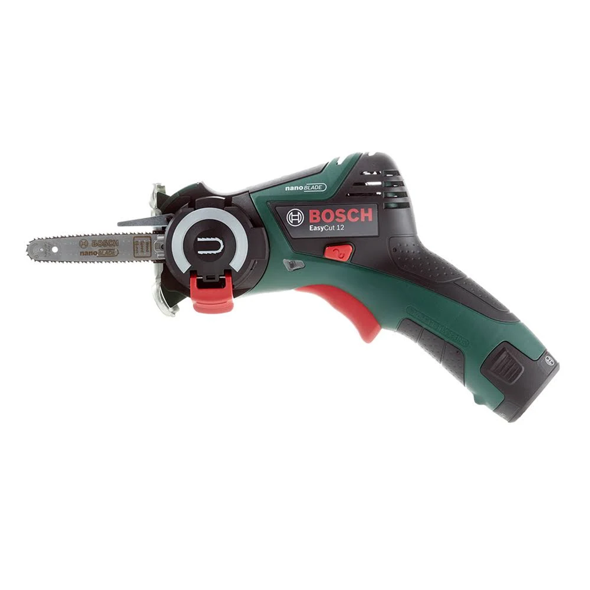 Eine Bosch EasyCut 12 NanoBlade Säge. Sie ist grün, schwarz und rot. Die Sägeblatt ist silberfarben. Der Hintergrund ist weiß.