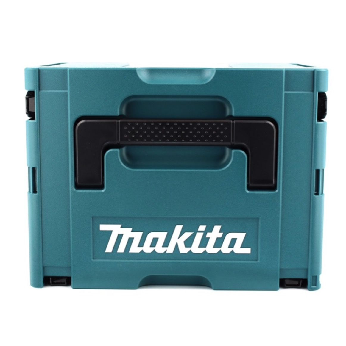 Eine türkisfarbene Makita-Klappbox. Sie hat einen schwarzen Griff und das Makita-Logo in Weiß. Der Hintergrund ist weiß.