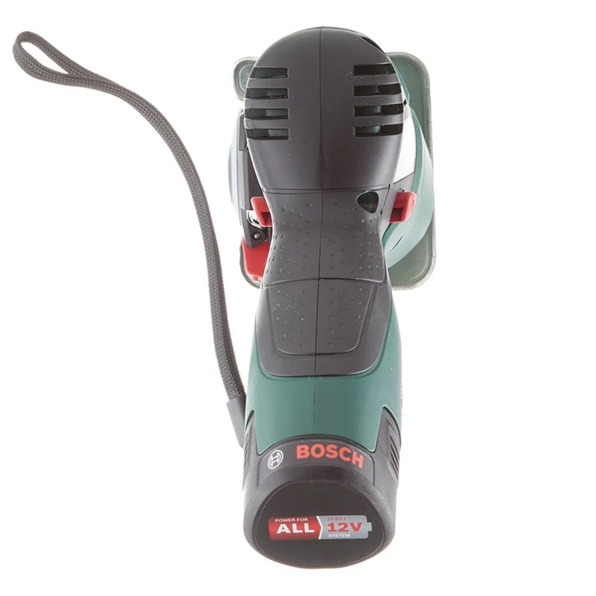 Eine 12V Mini-Kreissäge von Bosch. Sie ist schwarz und grün. Sie hat eine Schlaufe für eine Handschlaufe. Der Markenname ist sichtbar.