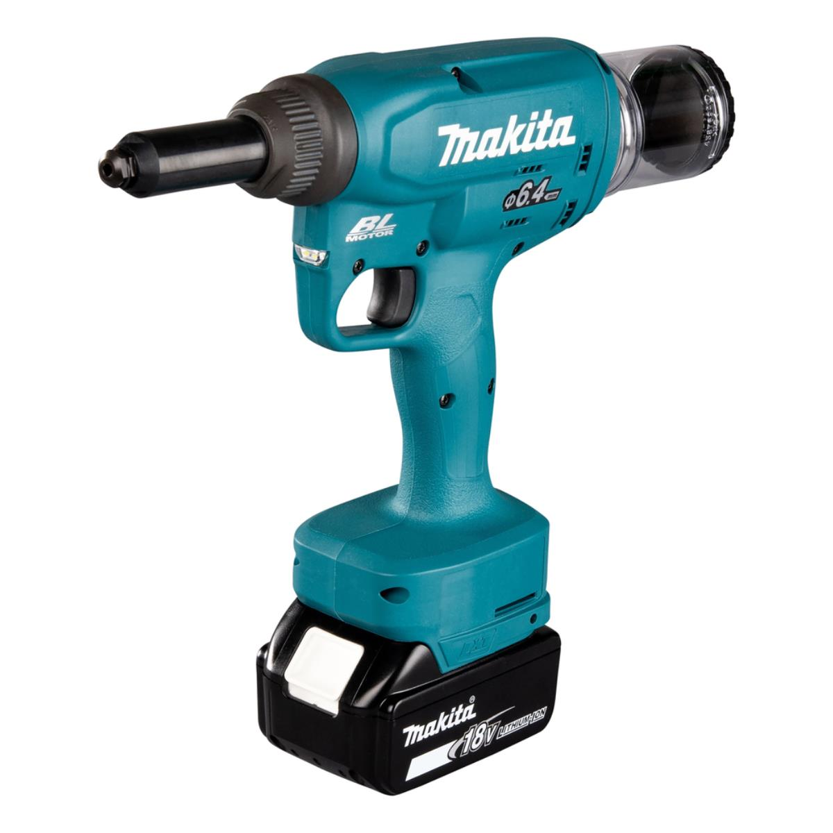 Un rivettatrice a batteria Makita turchese e nera. Ha un ugello nero, un'impugnatura e una batteria.