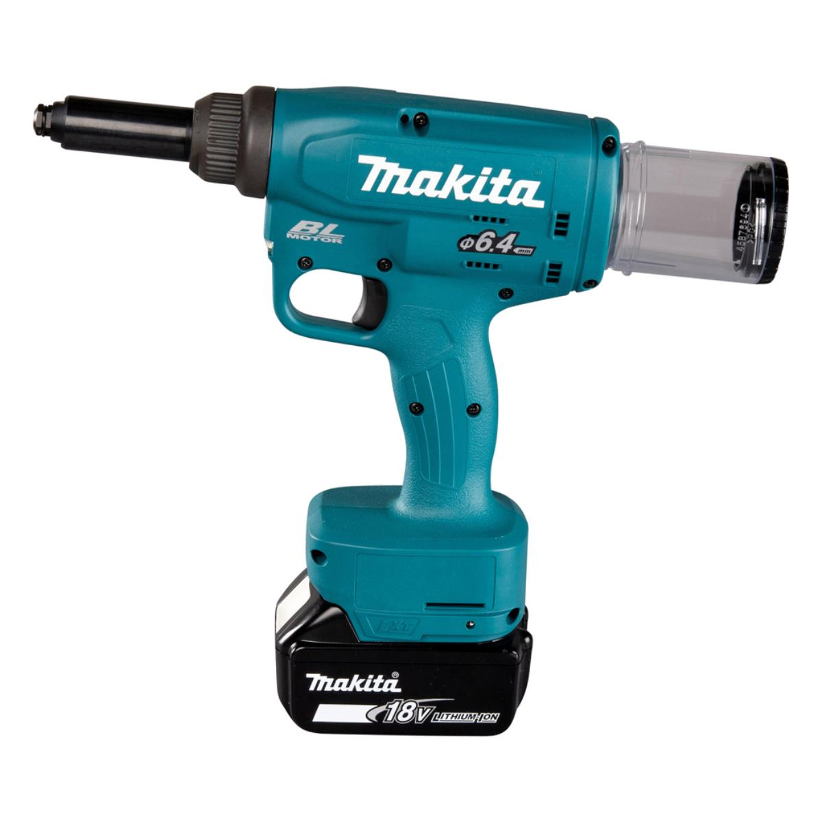 Un elettroutensile Makita turchese e nero. Ha un'impugnatura, una batteria e un cilindro trasparente. Il logo Makita è visibile.
