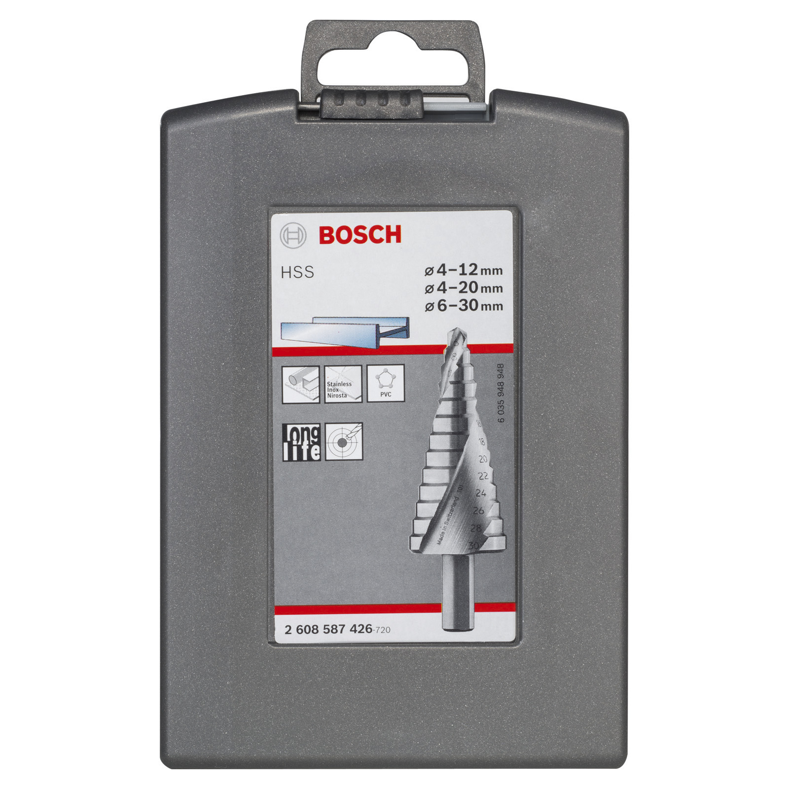 Ein Bosch-Bohrer-Set in einem grauen Koffer. Das Etikett zeigt Bohrergrößen und Materialverträglichkeit. Der Markenname ist sichtbar.