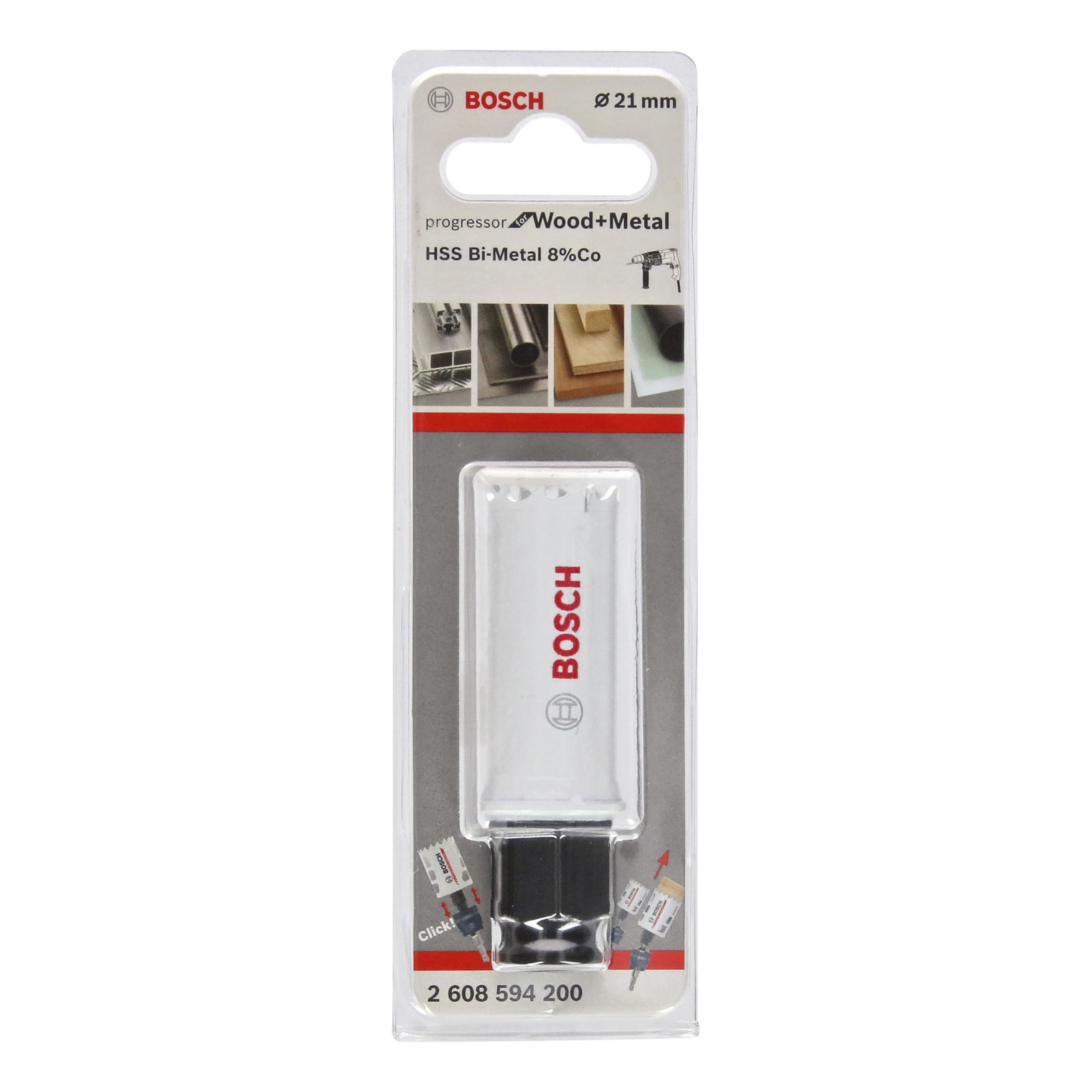 Eine Bosch Wood+Metal Lochsägenverpackung. Sie enthält eine Lochsäge mit Produktdetails und einem Durchmesser von 21 mm.