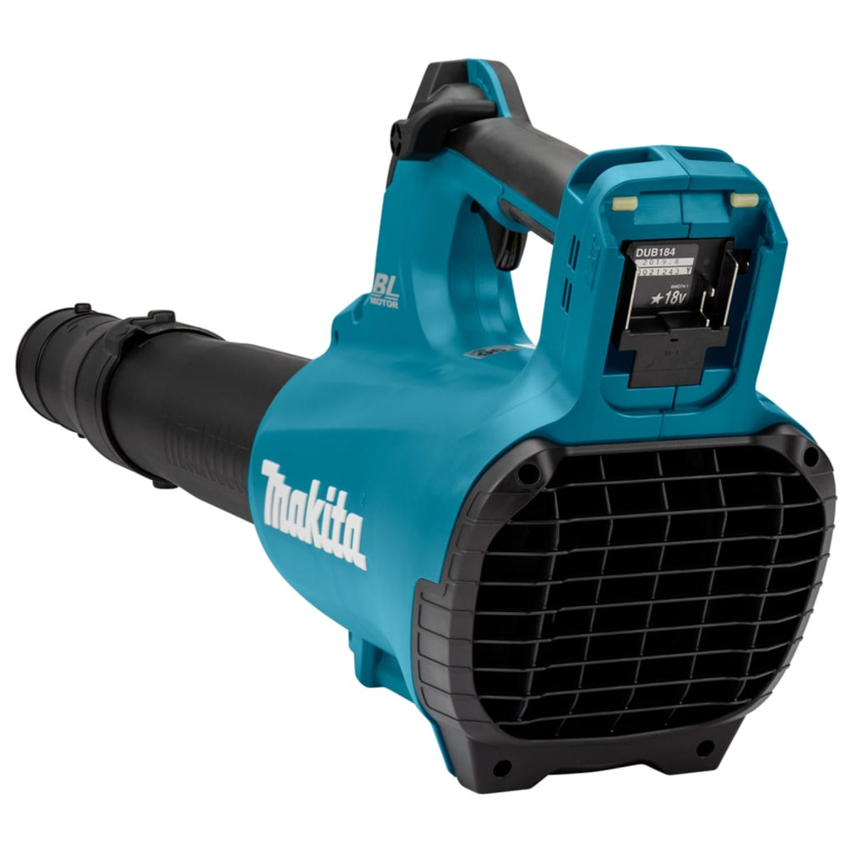 Ein türkis-schwarzes Makita DUB184 Akku-Gebläse, nach rechts abgewinkelt. Verfügt über eine lange Düse, einen Griff und einen Akkusteckplatz.