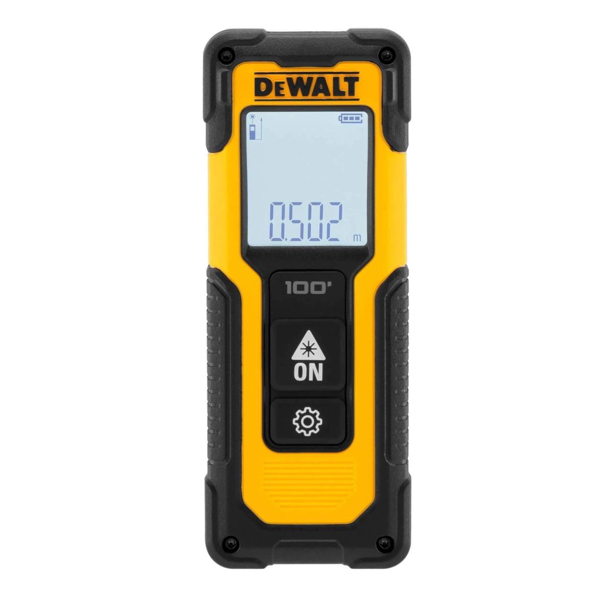 Ein gelb-schwarzes DeWalt Laser-Entfernungsmessgerät zeigt 0,502 m an. Es hat eine Ein-Taste und eine Einstellungstaste.