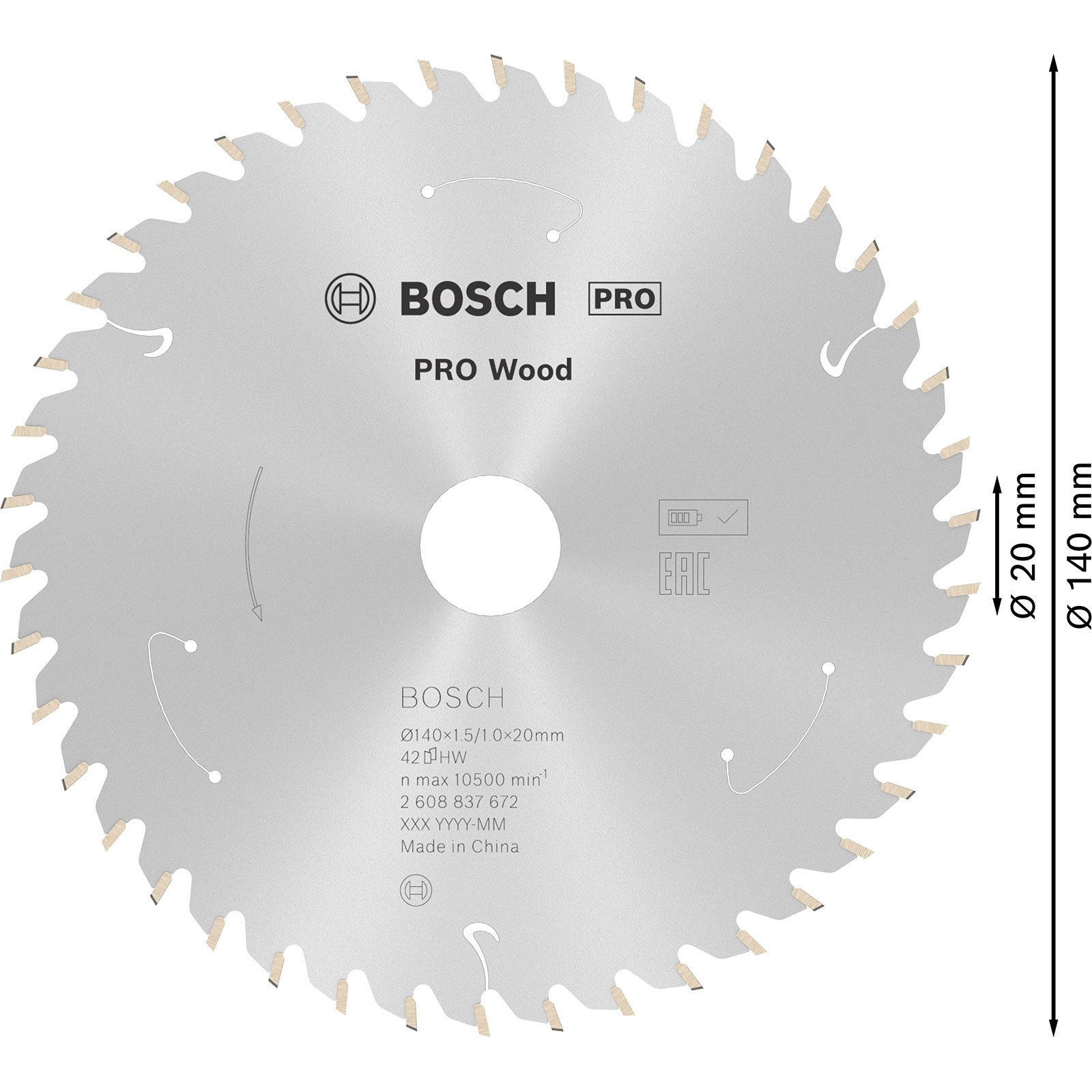 Ein Kreissägeblatt. Die Klinge hat eine silberne Farbe und die Marke ist Bosch. Es gibt eine Durchmesserangabe von 140 mm.
