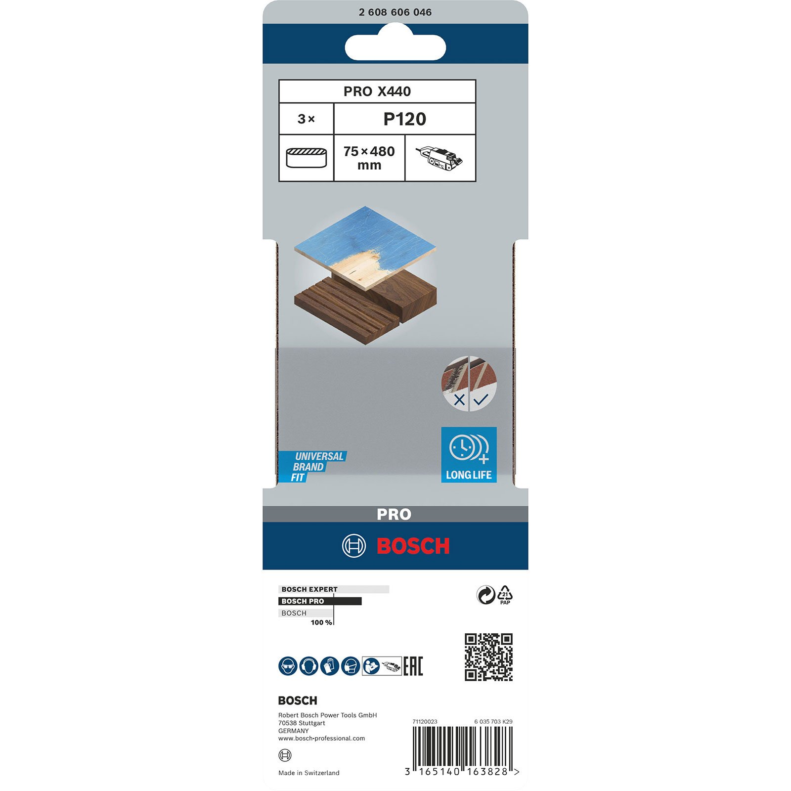 Bosch Pro X440 Sägeblattpaket. Es zeigt die Klinge, Holzproben und das Bosch-Logo. Die Verpackung ist blau und weiß.