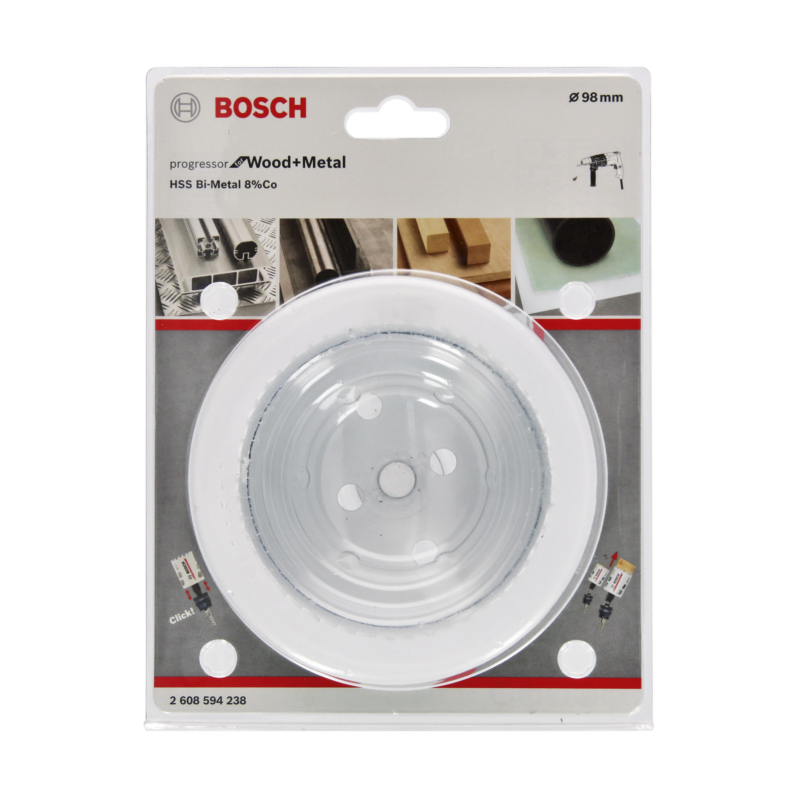 Eine Bosch Wood+Metal Lochsägenverpackung. Sie hat eine weiße Kunststoffsäge mit einem durchsichtigen Zentrum und dem Bosch-Logo.