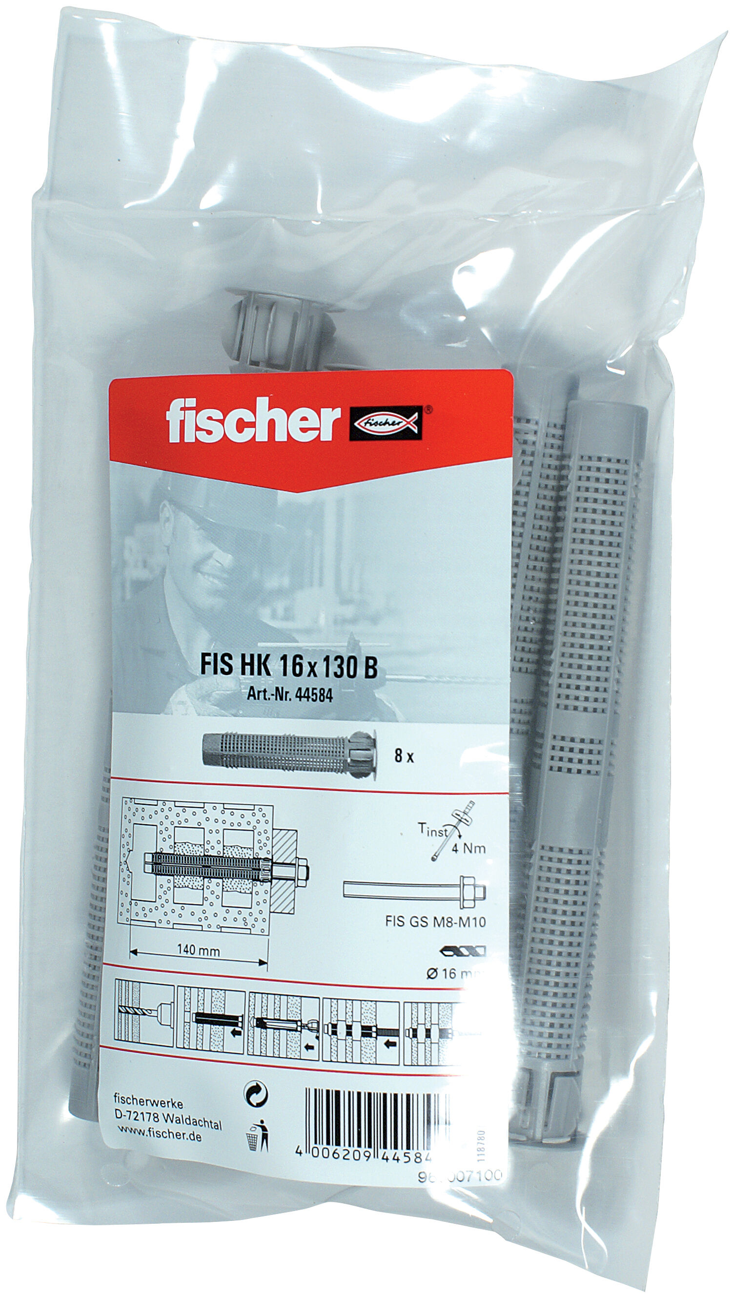 Paket mit Fischer FIS HK 16x130 B Ankern. Das Paket enthält ein rotes Etikett mit Produktdetails und Diagrammen.