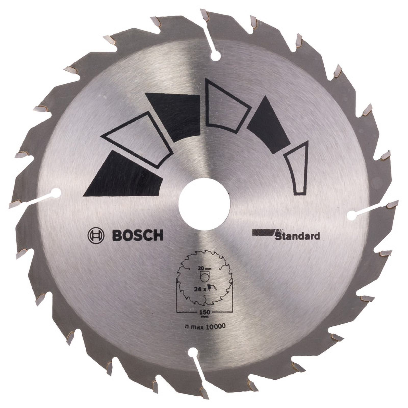 Kreissägeblatt mit scharfen Zähnen. Die Klinge ist silberfarben mit schwarzen Markierungen und dem Bosch-Logo. Es befindet sich auf weißem Hintergrund.